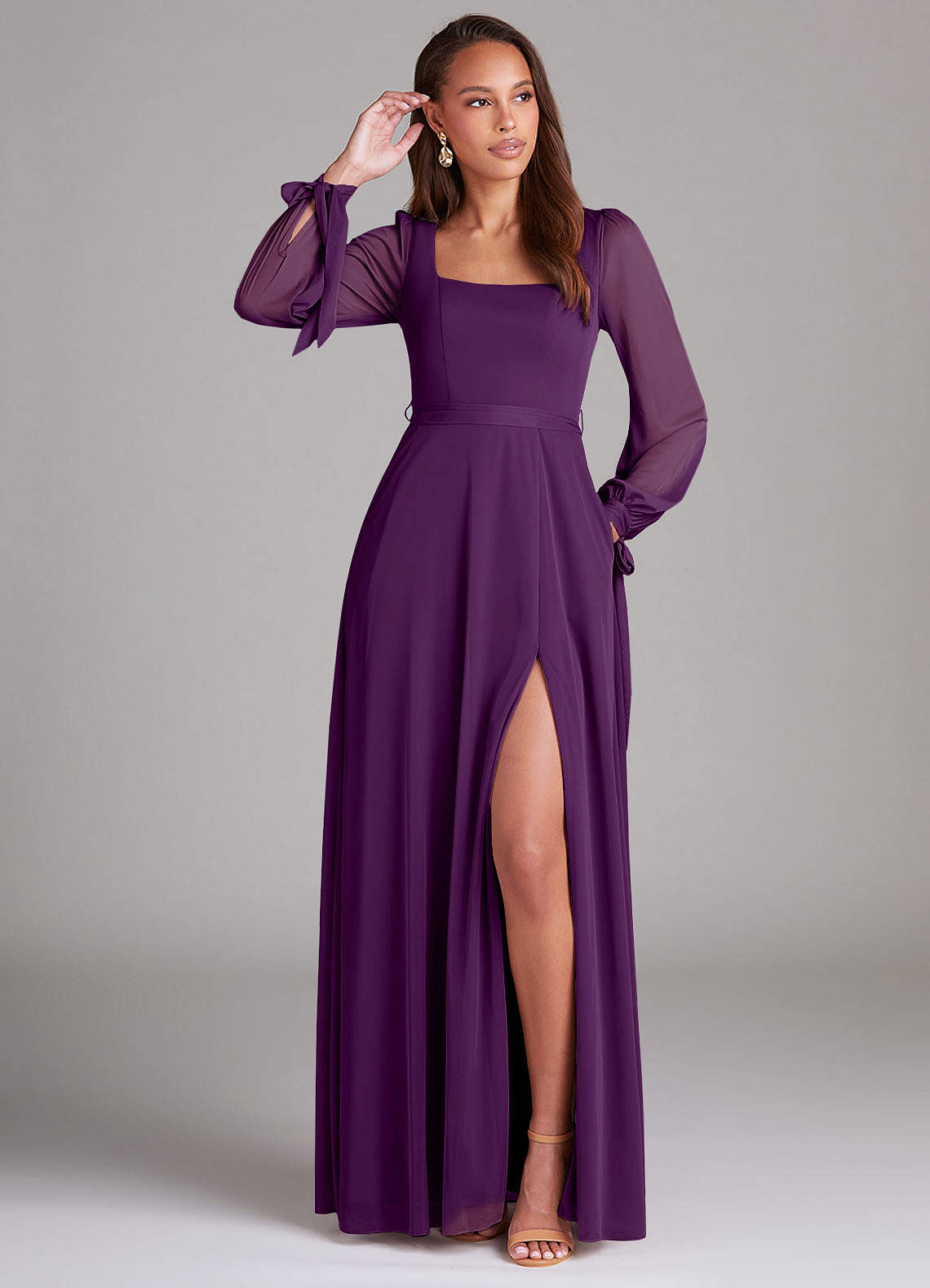 Azazie Leonia Bridesmaid Dresses Grape A-Line Long Sleeve Mesh Dress image1