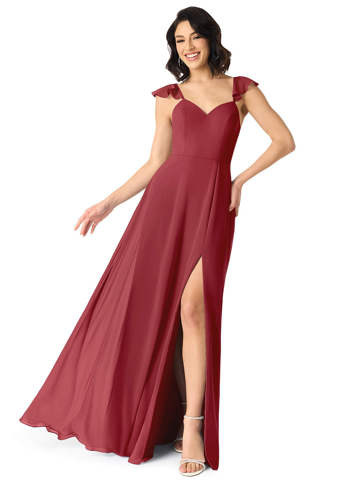 Azazie Plus Size A-Line/Princess V-Neck Floor-Length Chiffon Bridesmaid Dresses - Pomegranate