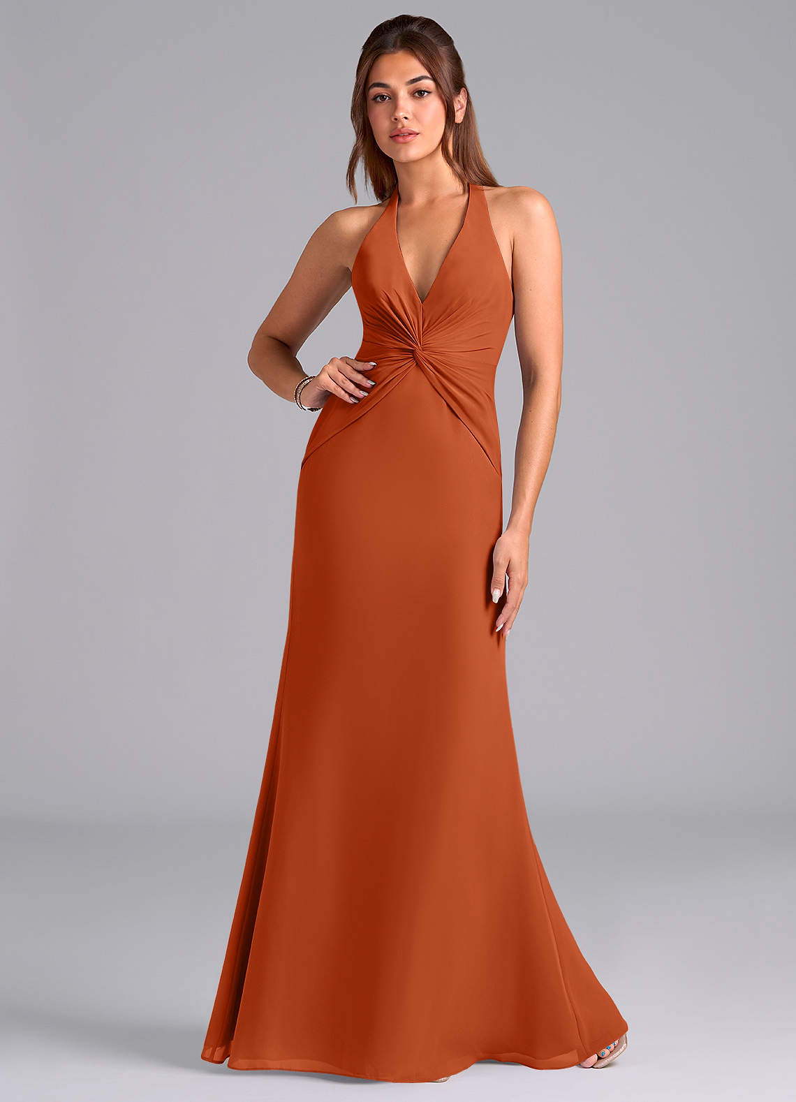 Azazie Valerie Vestidos de damas de honor Vestido de Naranja Quemada de Gasa de Corte Sirena con Plisado image1