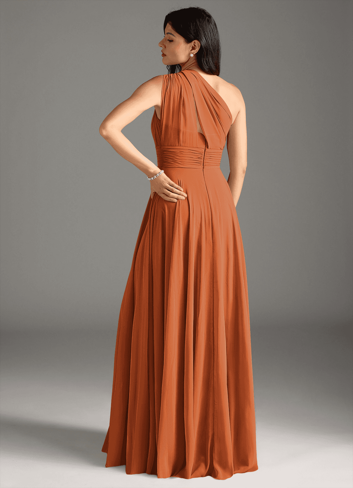 Azazie Charlize Bridesmaid Dresses Cinnamon A-Line One Shoulder Chiffon Dress image1