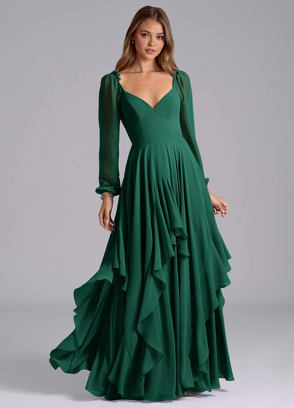 Azazie Karan Bridesmaid Dresses Emerald A-Line Long Sleeve Chiffon Dress image1