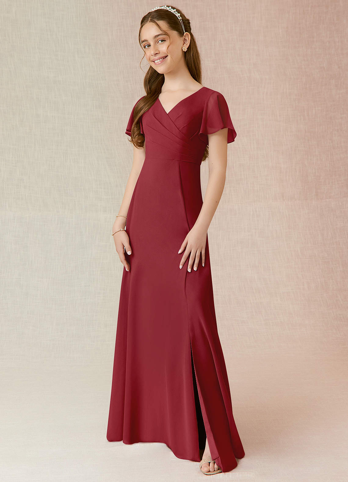 Azazie Induh Junior Vestido Romã de Chiffon de Linha A com Ruched image1