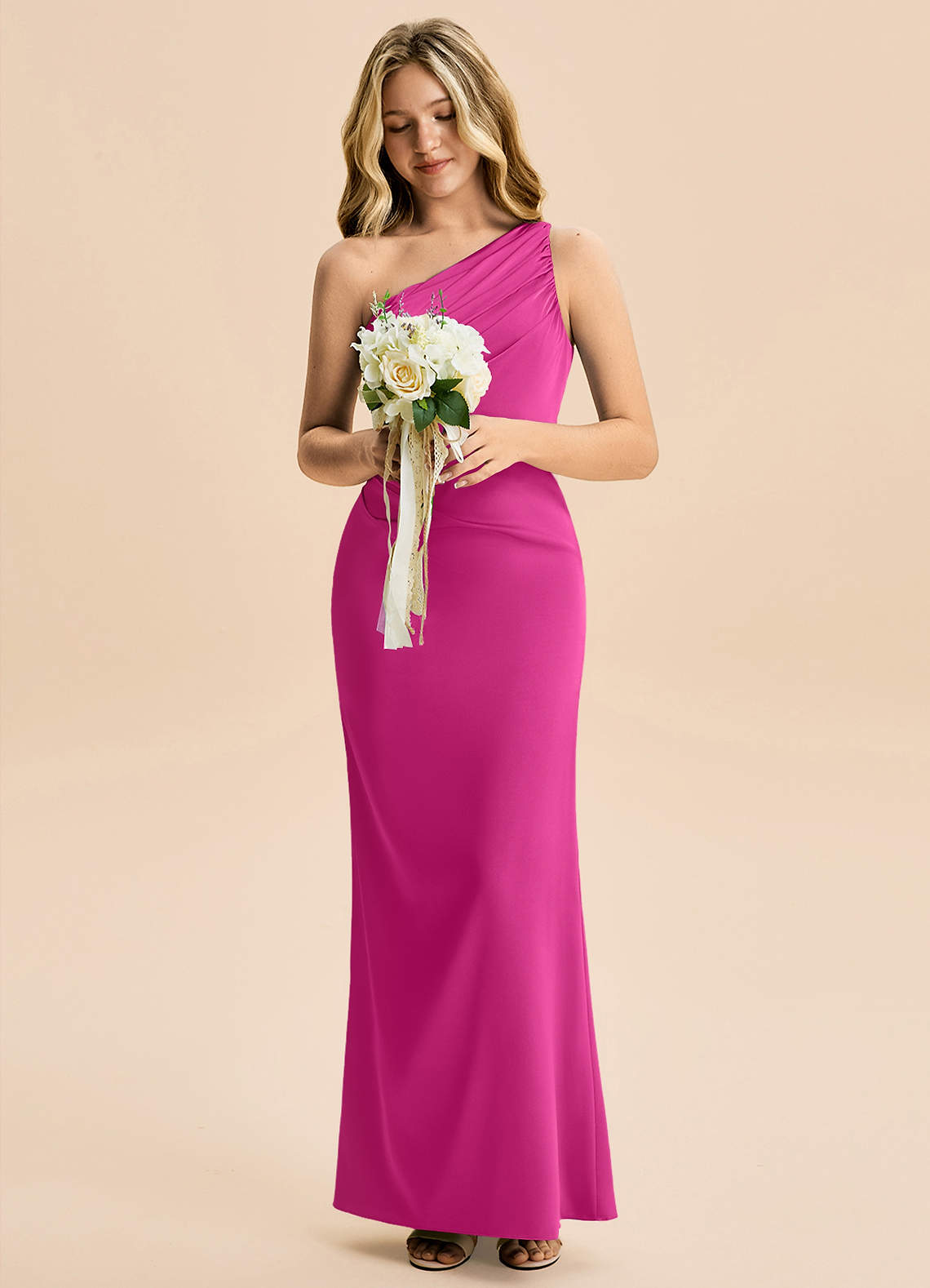 Azazie Akilah Junior Fuchsia Sheath Pleated Stretch Satin Dress image3