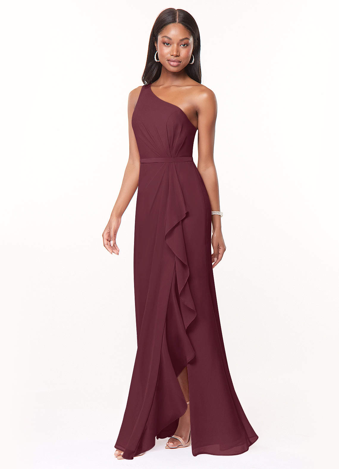 Azazie Liza Vestidos de damas de honor Vestido de Cabernet de Gasa de Corte Sirena con Hombro unilateral image1