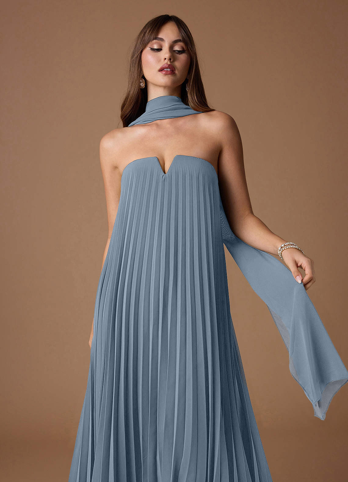 Nahla Powder Blue Allover Pleated Maxi Dress | Azazie