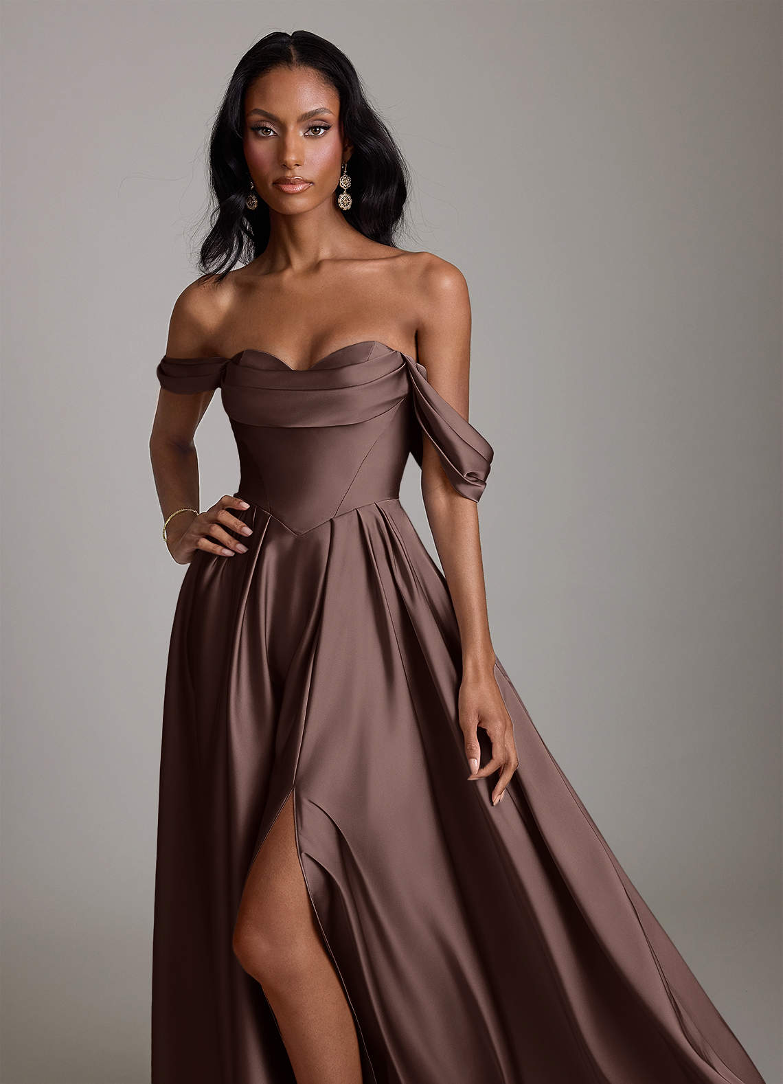 Azazie Loisa Bridesmaid Dresses Ganache A-Line Off the Shoulder Stretch Satin Dress image4