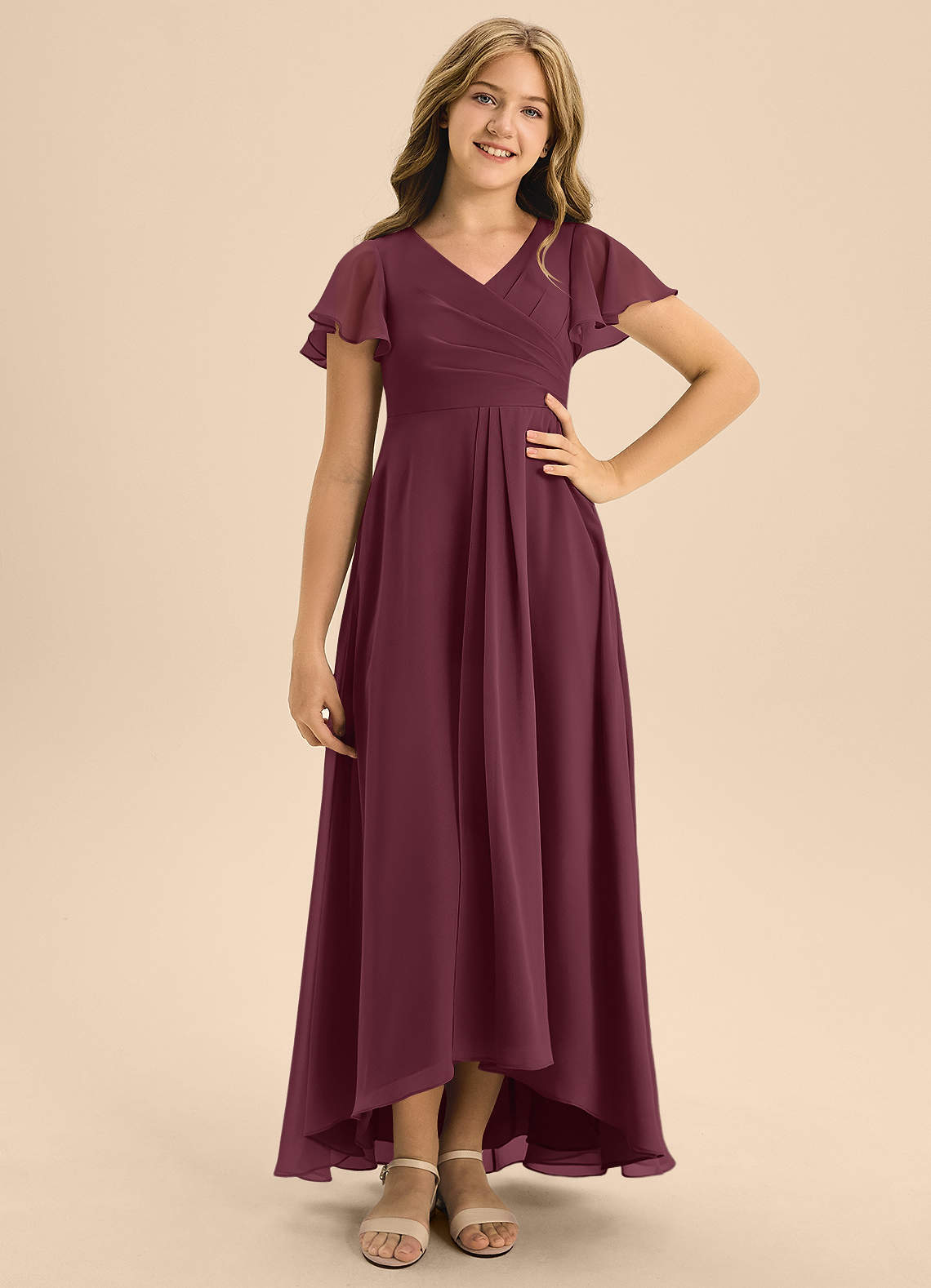 Azazie Induh Junior Jurk van Chiffon met A-Lijn Geplooid Cabernet image1