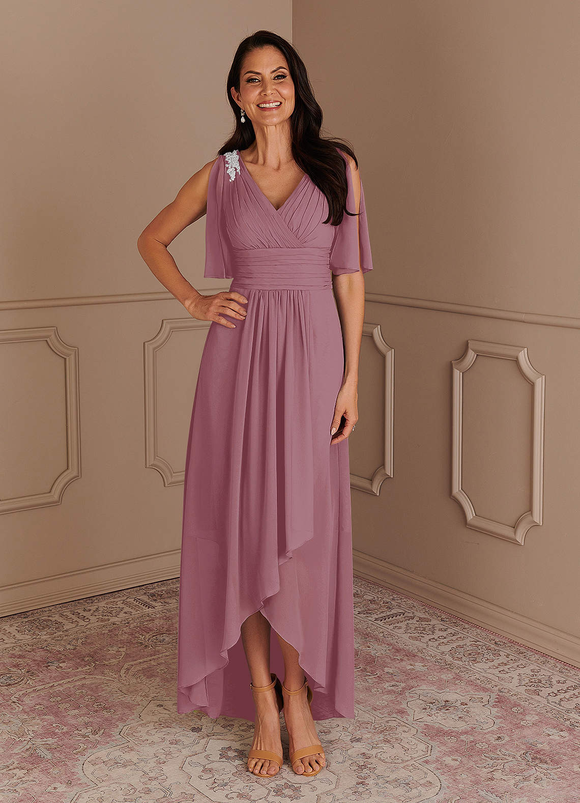 Cute Off-the-shoulder Pleated Girl's Dress Vintage Mauve