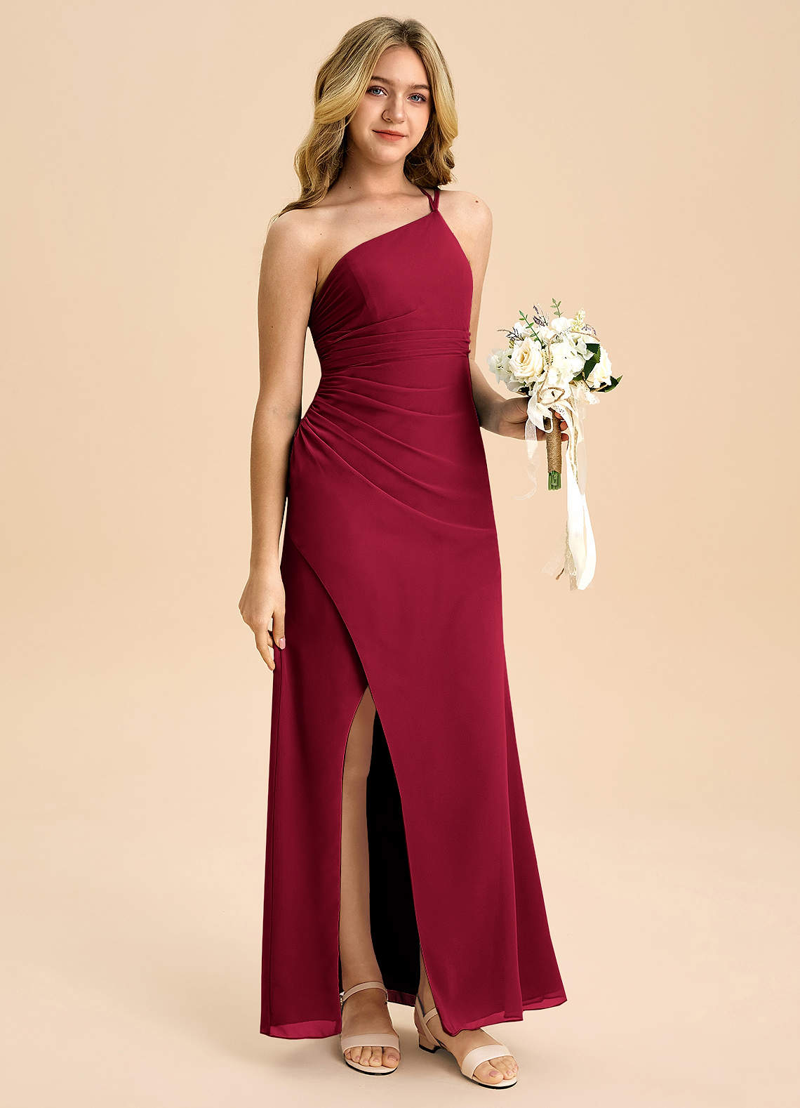 Azazie Eren Junior Vestido Borgonha de Chiffon de Linha A com Plissado image2