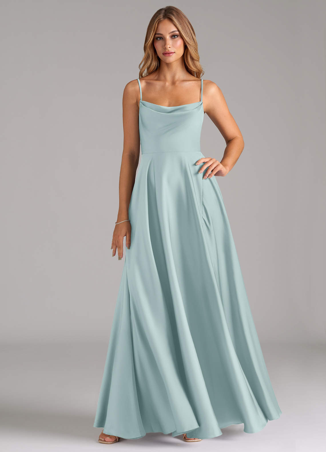 Azazie Elle Bridesmaid Dresses Mist A-Line Pleated Stretch Satin Dress image1