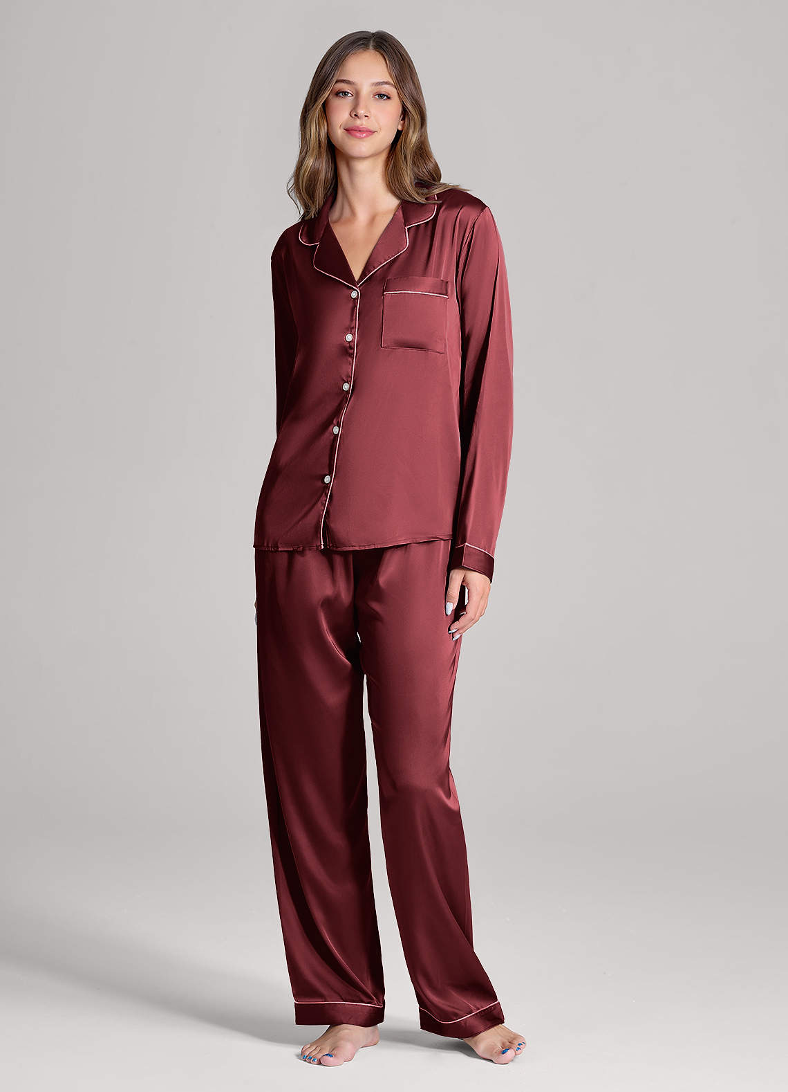 front Long Sleeves and Pants Satin PJ Set