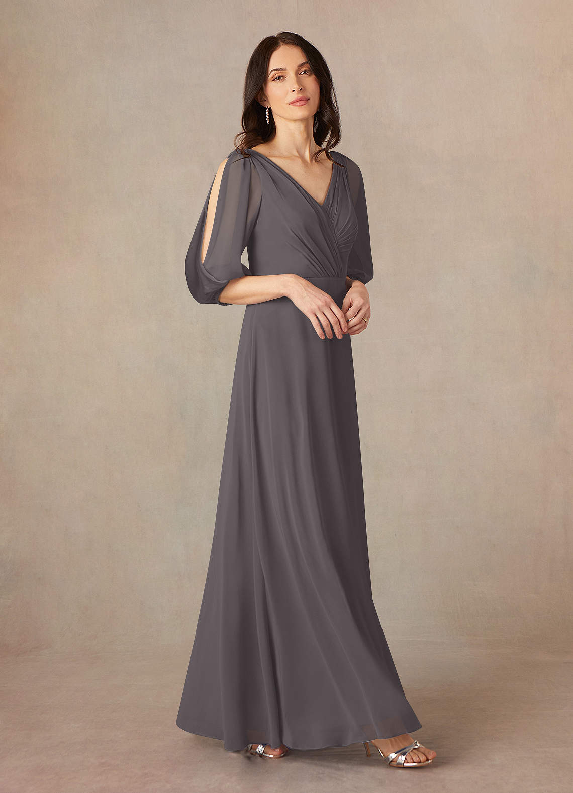 Azazie Bronwyn Steel Grey A-Line V-Neck Ruched Chiffon Dress | Azazie AU Azazie Bronwyn Steel Grey A-Line V-Neck Ruched Chiffon Dress | Azazie AU