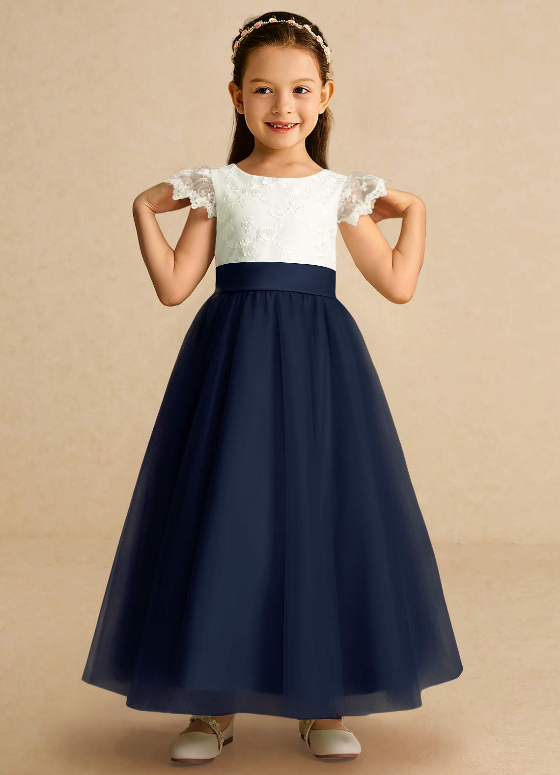 Azazie A-Line/Princess Scoop Neck Ankle-Length Tulle Flower Girl Dresses - Dark Navy Azazie A-Line/Princess Scoop Neck Ankle-Length Tulle Flower Girl Dresses - Dark Navy