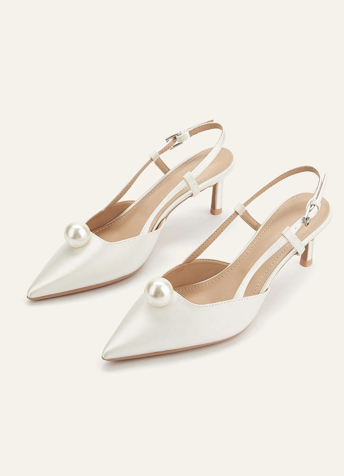 front Satin Pearl Pointed Toe Kitten Heel