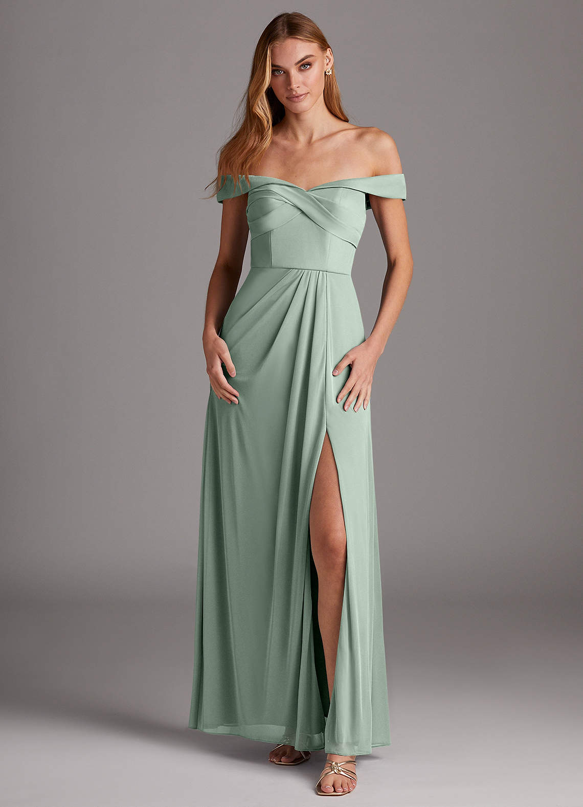 Azazie Mena Bridesmaid Dresses Agave A-Line Off the Shoulder Mesh Convertible Dress image1