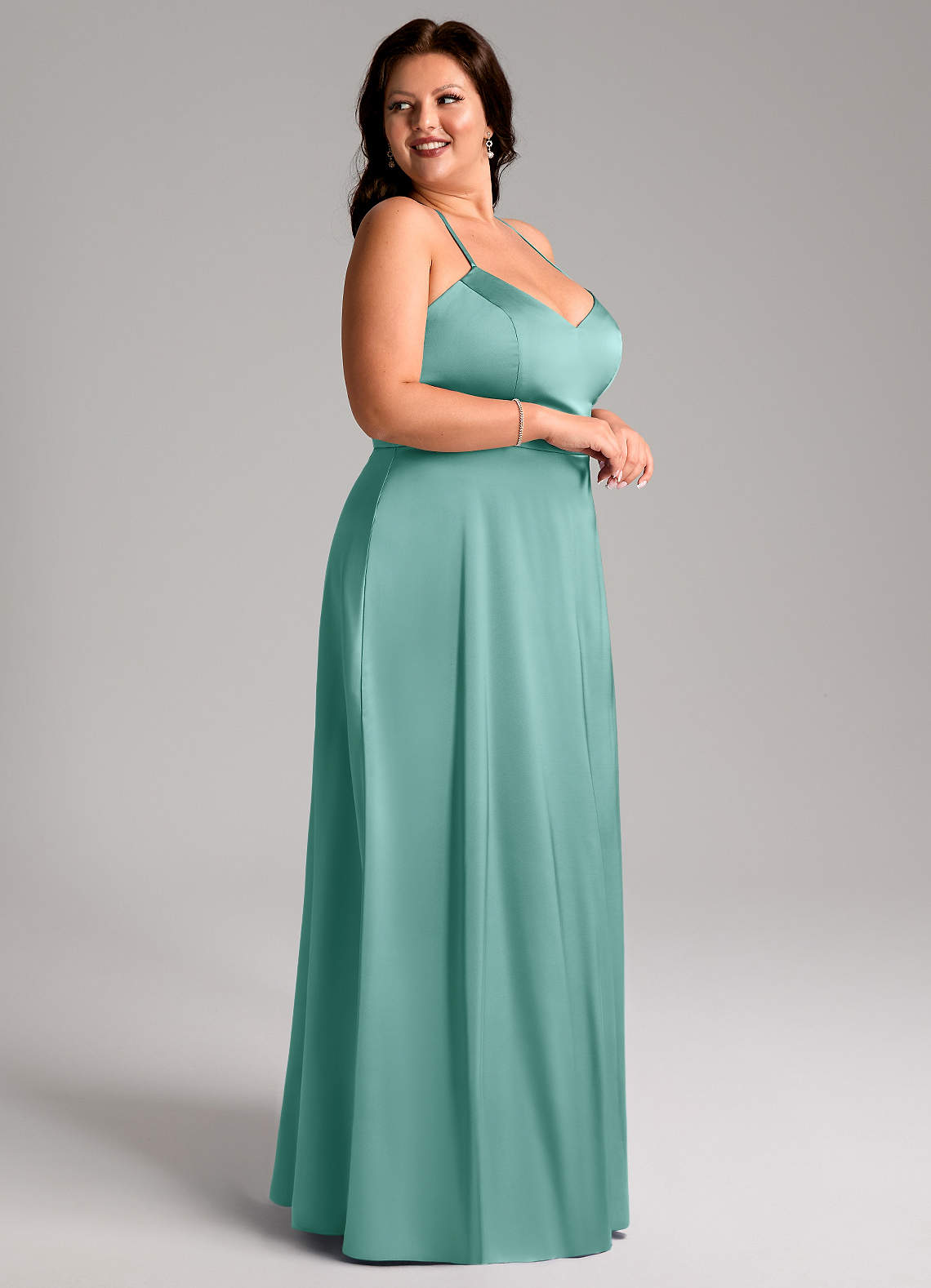 Azazie Mei Vestidos de damas de honor Vestido de Aqua de Satén Elástico de Corte en A con Cuello en V image8