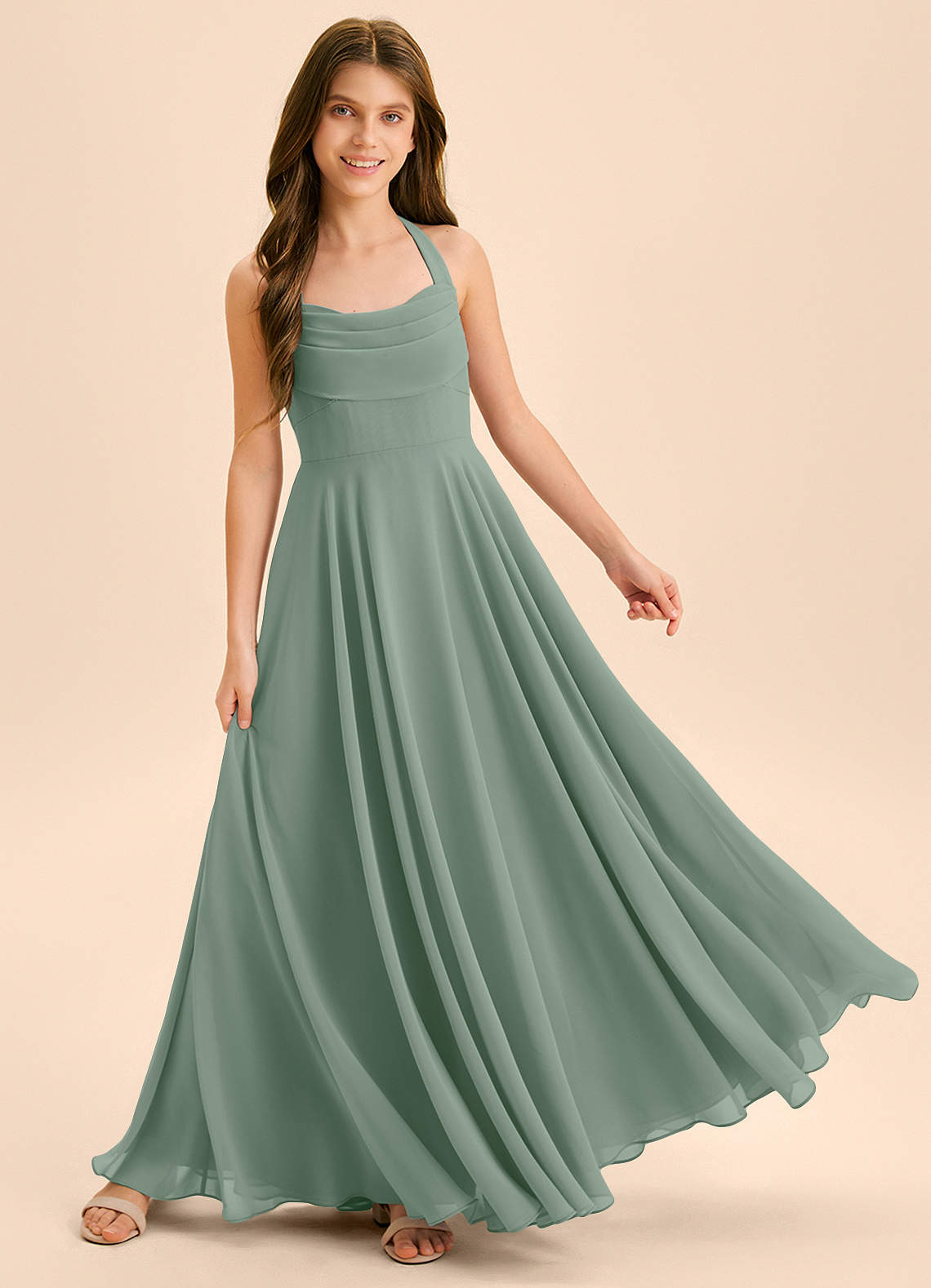 Azazie Kady Junior A-Linie Herzausschnitt Chiffon Kleid Silberner Salbei image3