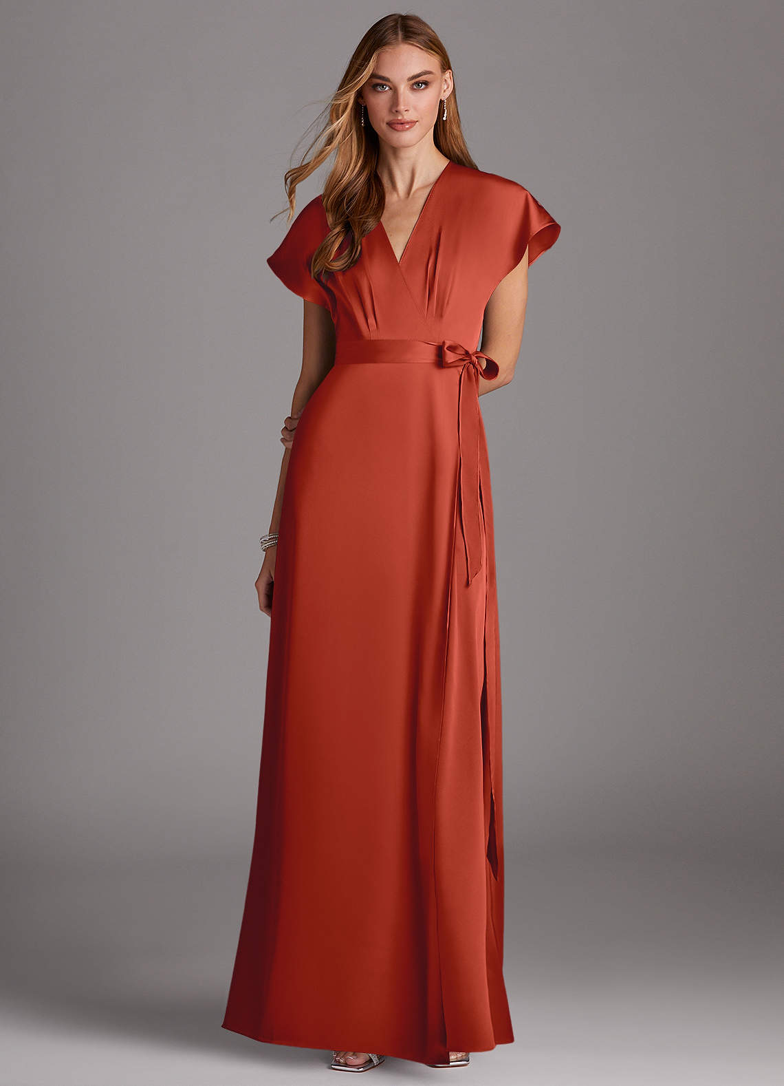 Azazie Nico Bridesmaid Dresses Rust A-Line V-Neck Stretch Satin Dress image1