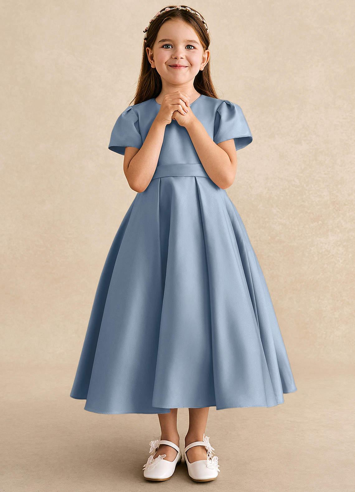 Azazie Princess Flower Girl Dresses Dusty Blue A-Line Pleated Matte Satin Dress image3