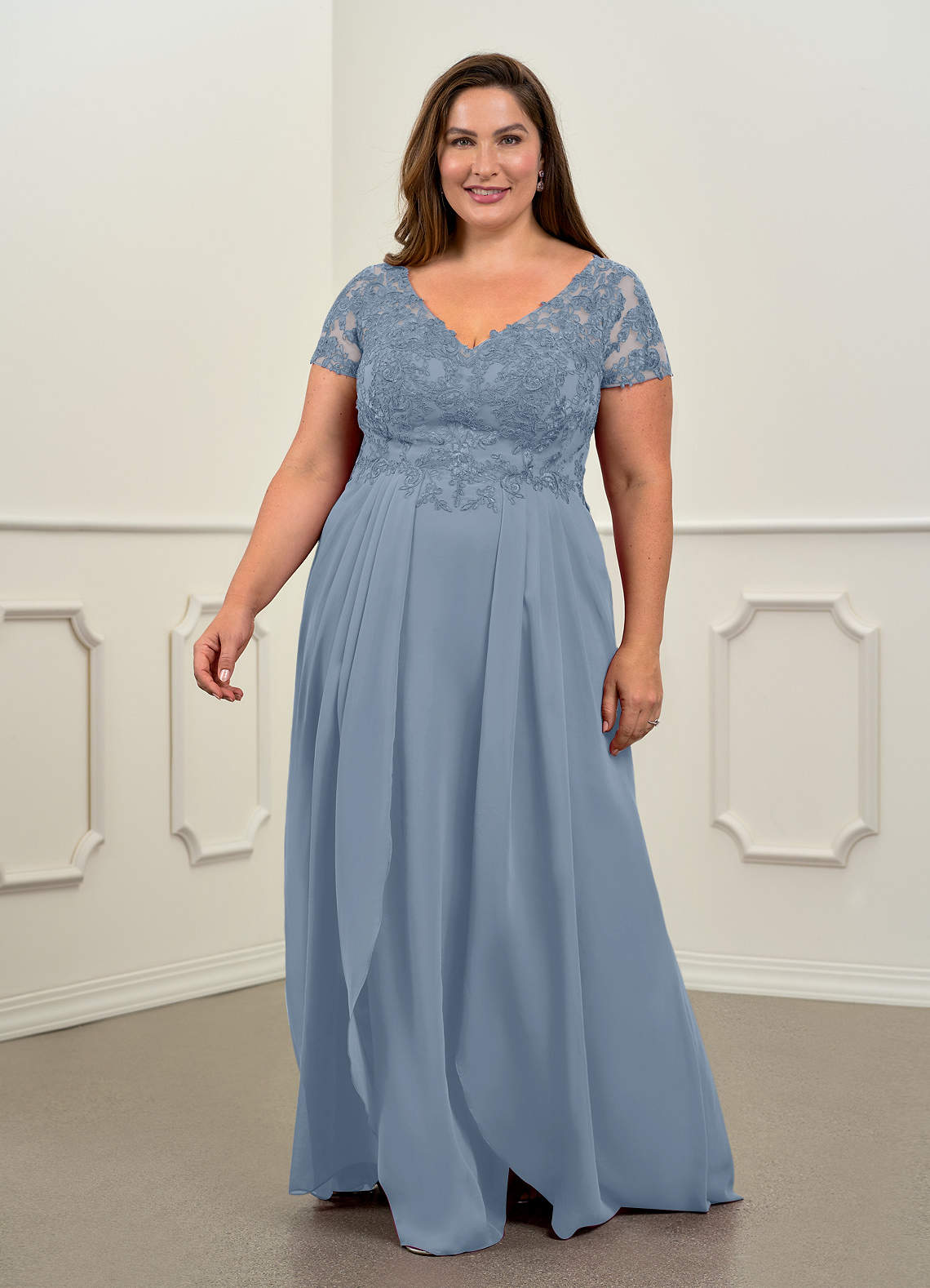 Azazie Dunja Kleider für die Brautmutter A-Linie V-Hals Spitze Chiffon Kleid Staubblau image1