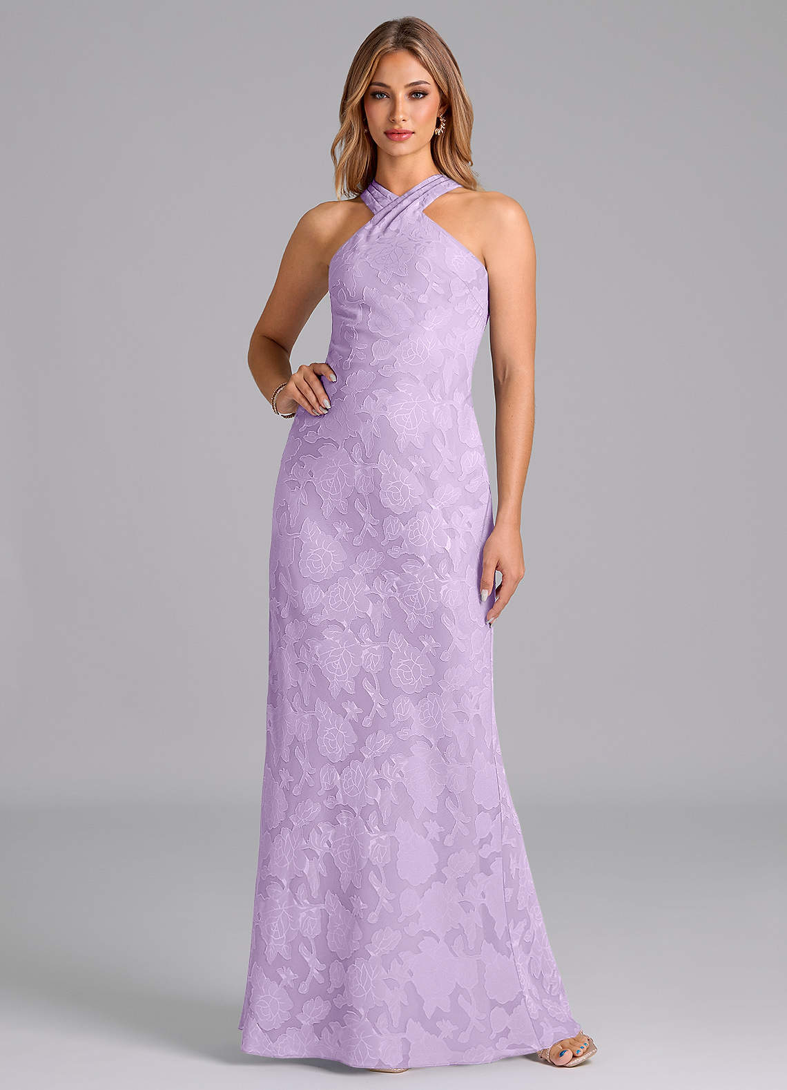 Azazie Doretta Bridesmaid Dresses Lilac Mermaid Pleated Floral Burnout Dress image1