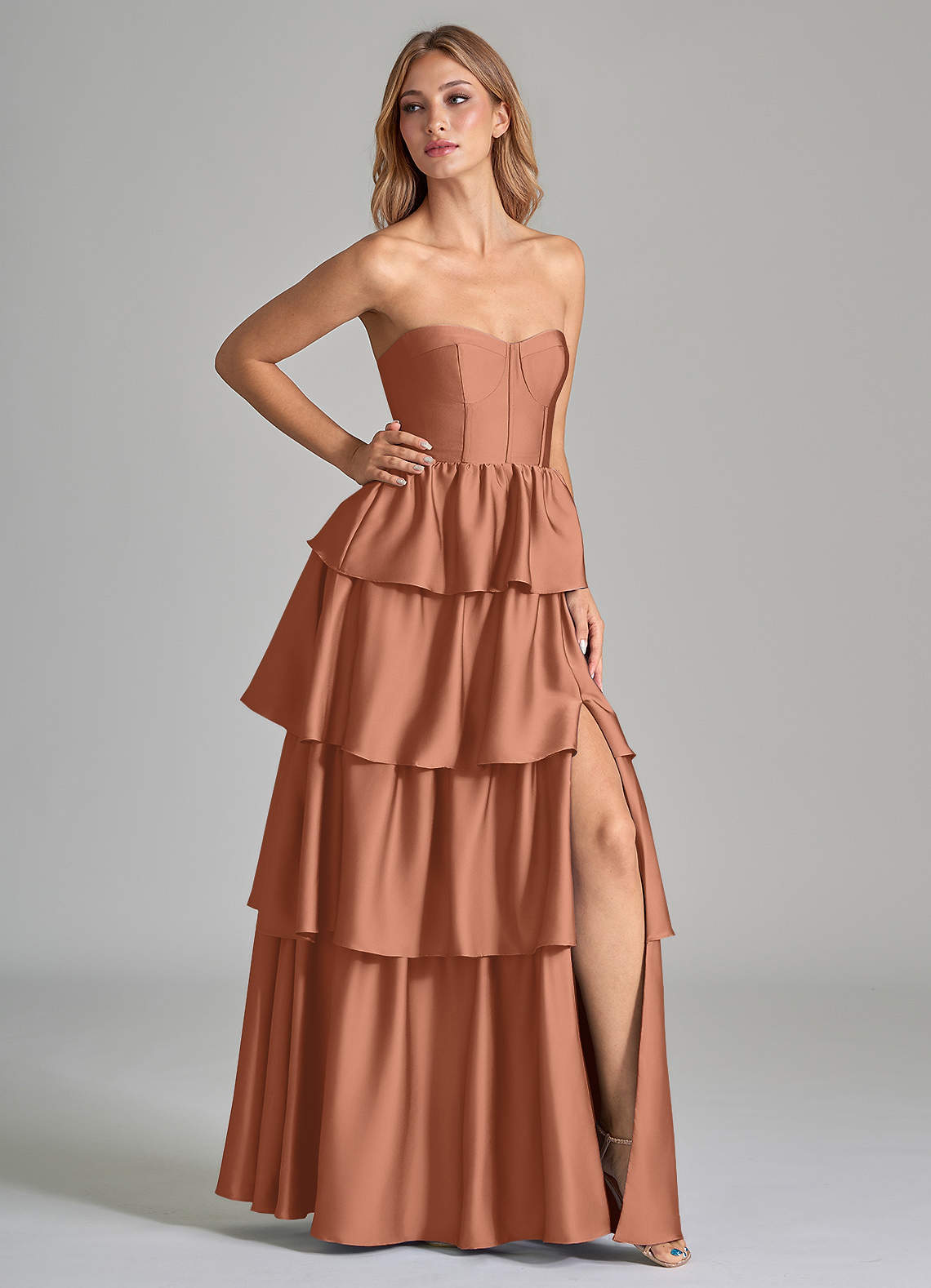 Azazie Faye Bridesmaid Dresses Bronzer A-Line Ruched Stretch Satin Dress image1