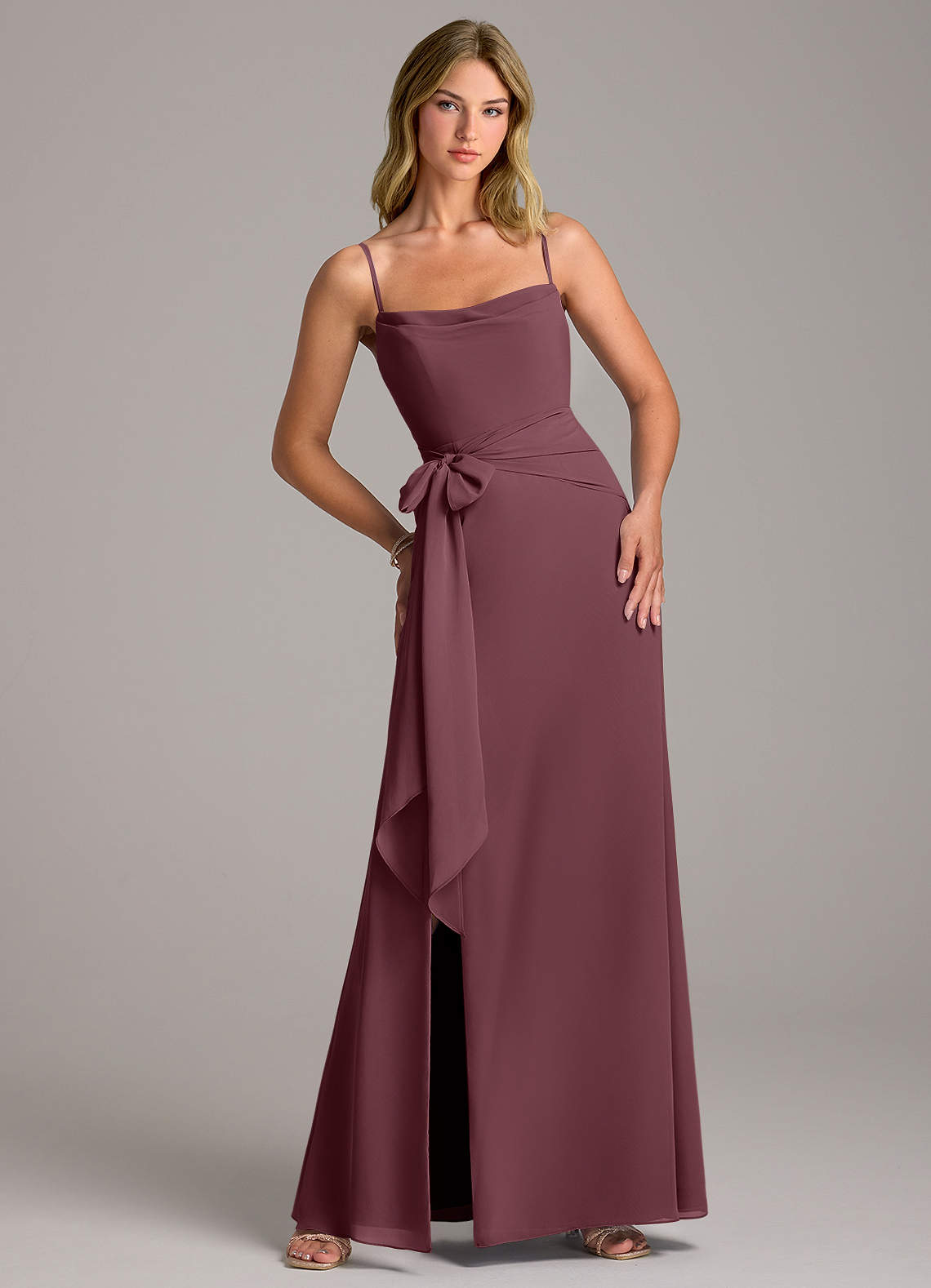 Azazie Tahlia Bridesmaid Dresses Sangria A-Line with Belt Chiffon Dress image1
