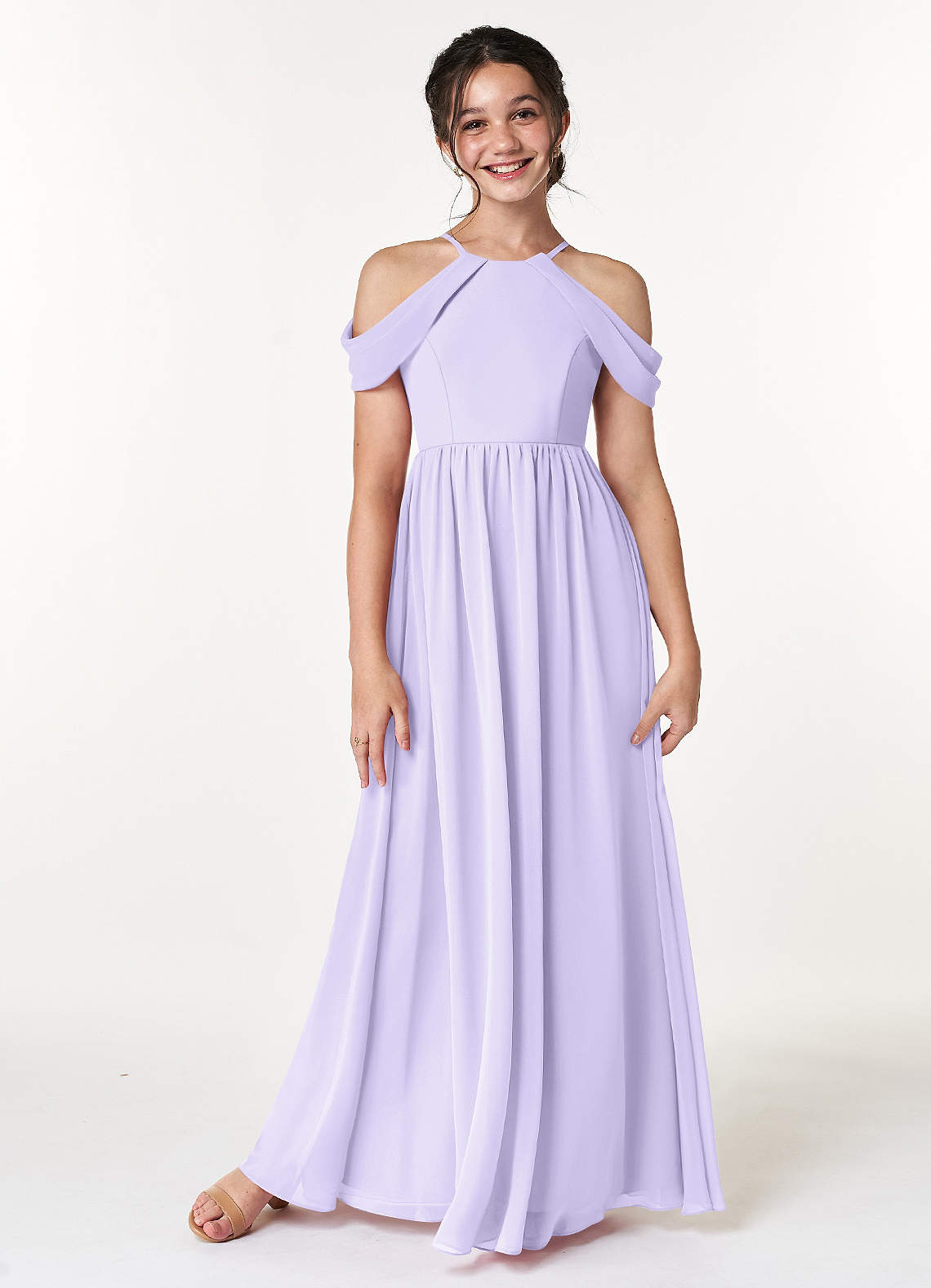 Azazie Seneca Junior Lilac A-Line Off the Shoulder Chiffon Dress image1