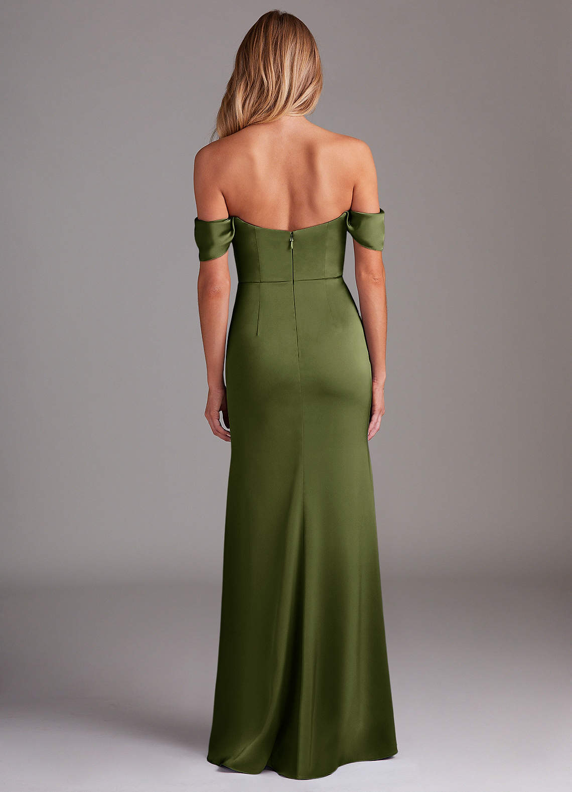 Azazie Saige Bridesmaid Dresses Olive Sheath Off the Shoulder Stretch Satin Dress image9