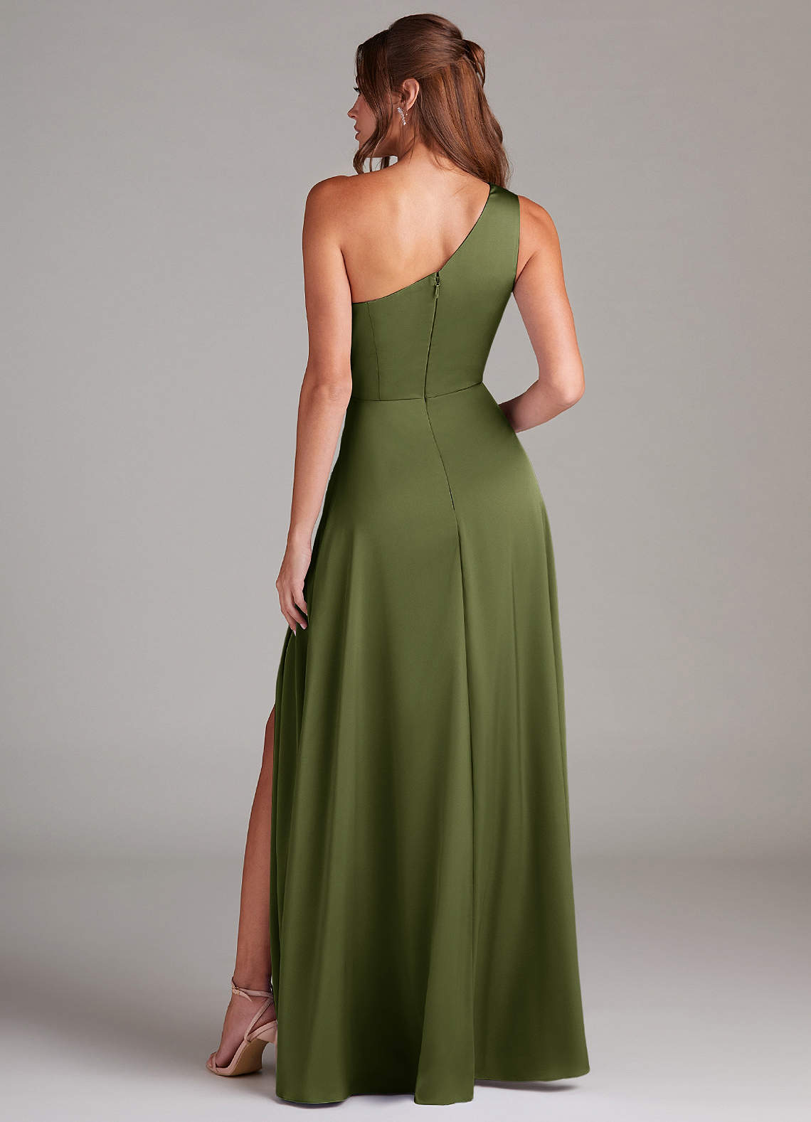 Azazie Brooke Bridesmaid Dresses Olive A-Line One Shoulder Stretch Satin Dress image6