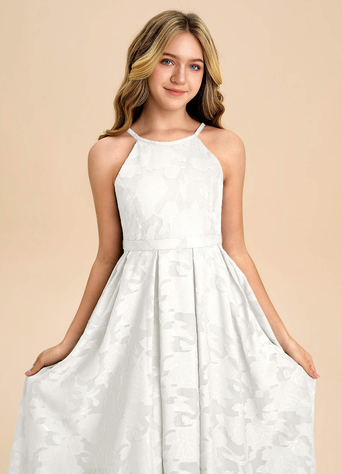 Azazie Arianthe Junior White A-Line Pleated Floral Burnout Dress image7
