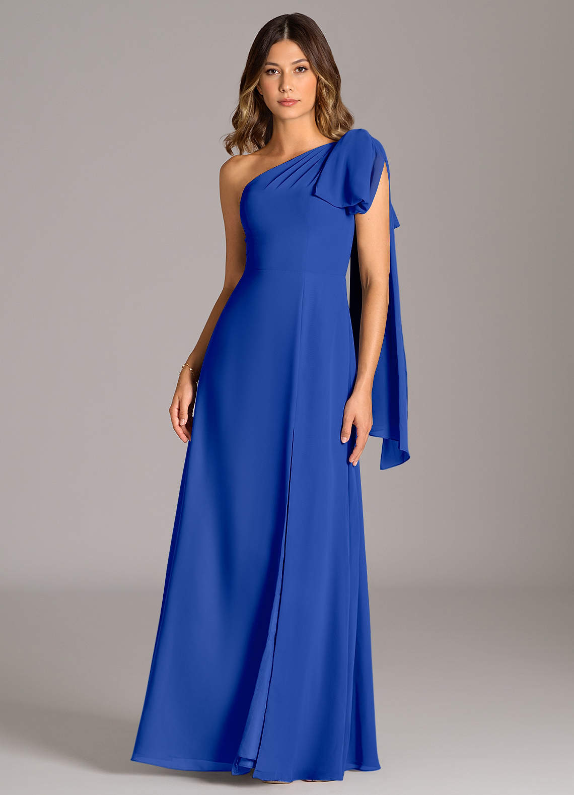 royal blue chiffon one shoulder dress Dusty Blue Chiffon Bridesmaid Dress A-Line Floor-Length