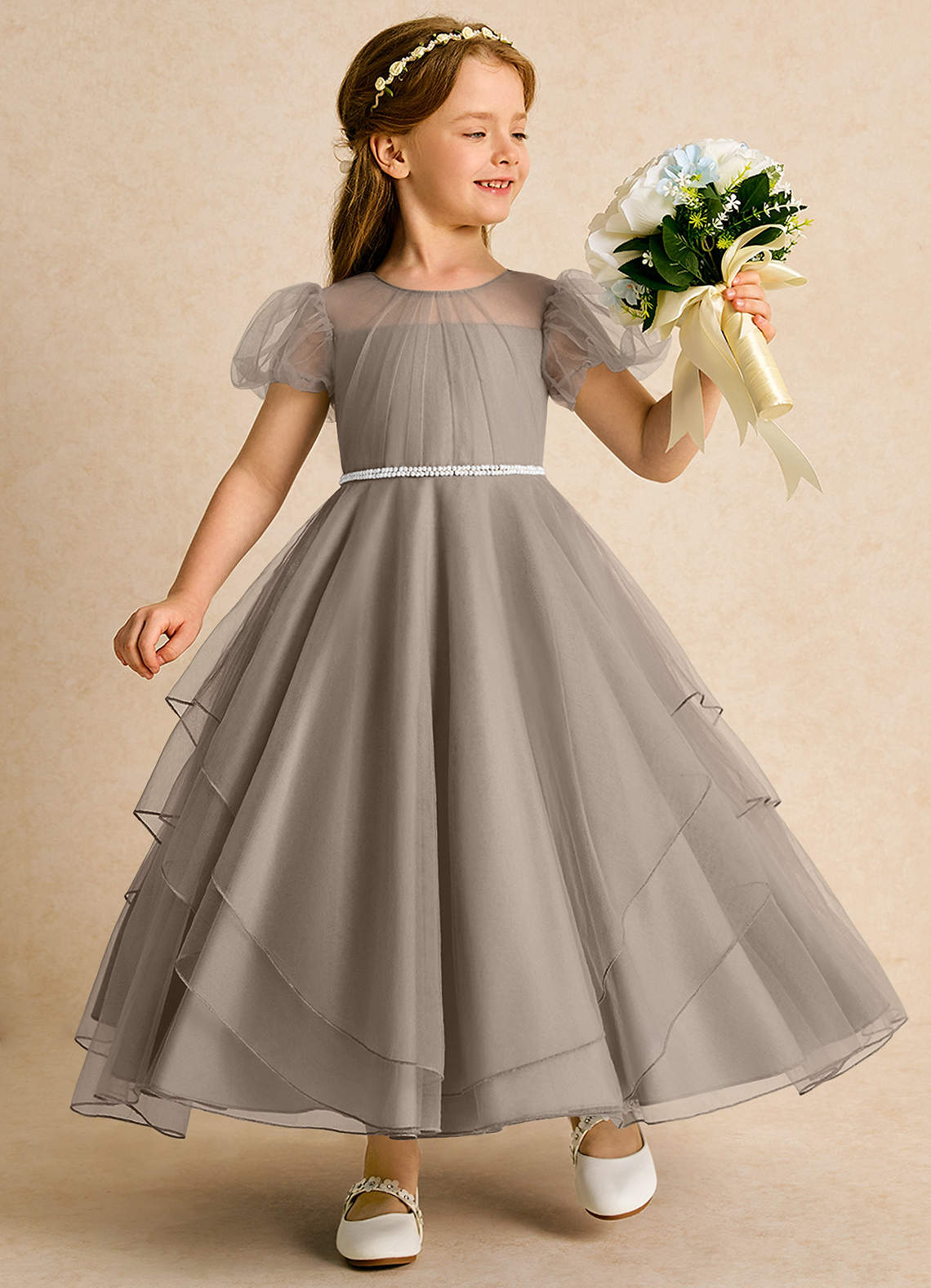 Azazie Duckie Abiti da Ragazza di Fiori Abito Principessa in Tulle Plissettato Taupe image1