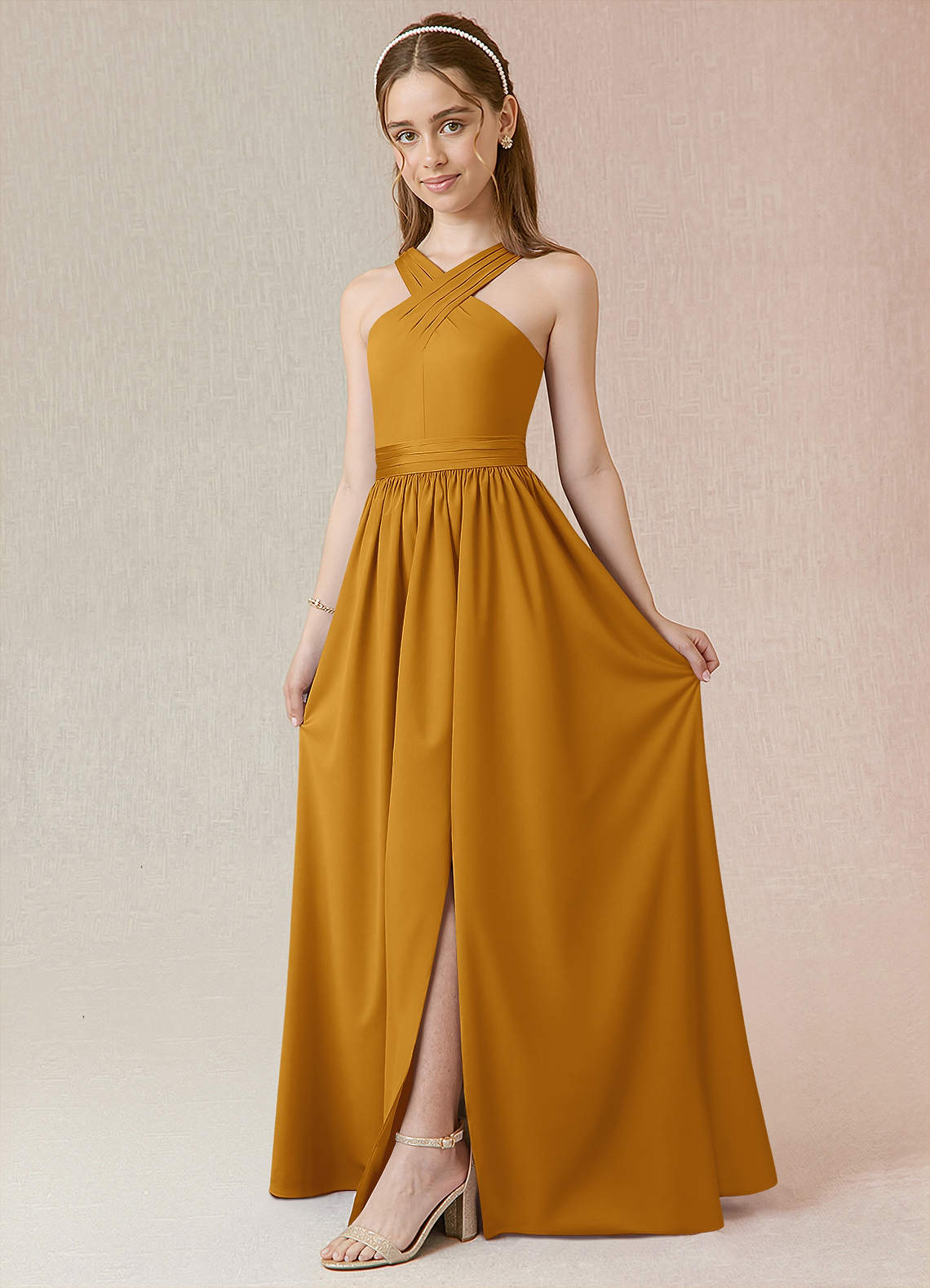 Azazie Jiya Junior Butterscotch A-Line Pleated Stretch Satin Dress image1