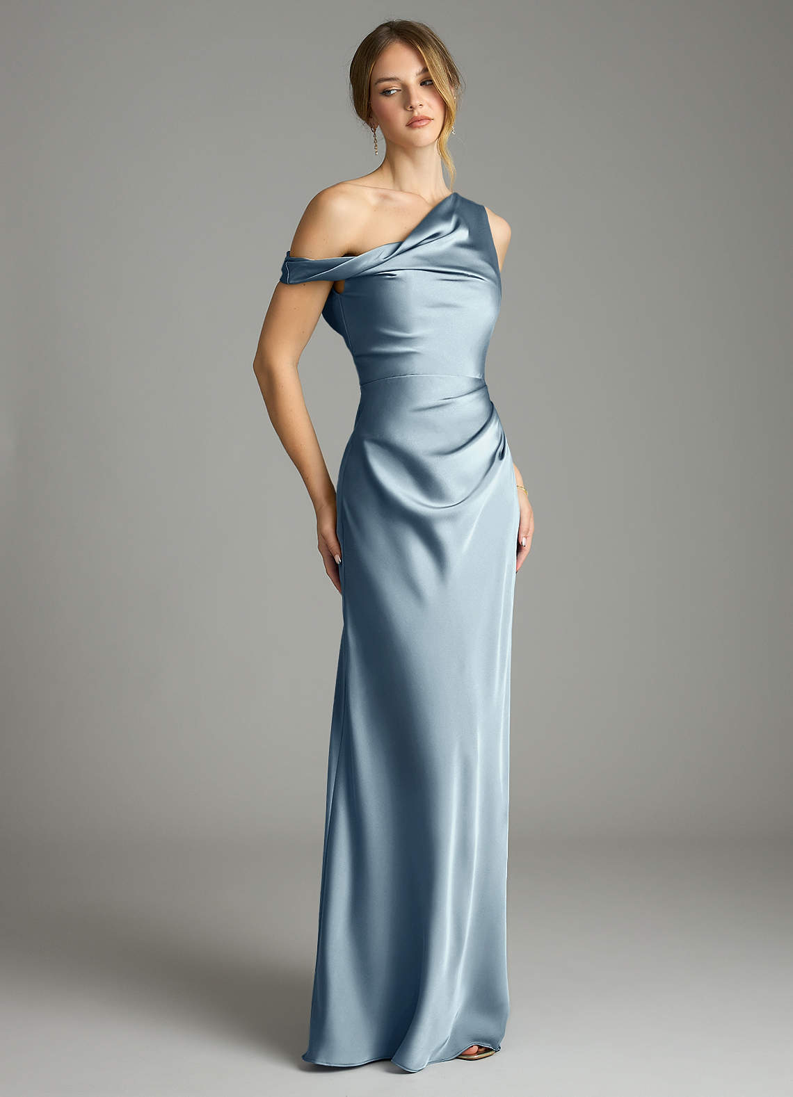 Azazie Emerson Bridesmaid Dresses Dusty Blue Mermaid Off the Shoulder Stretch Satin Dress image4