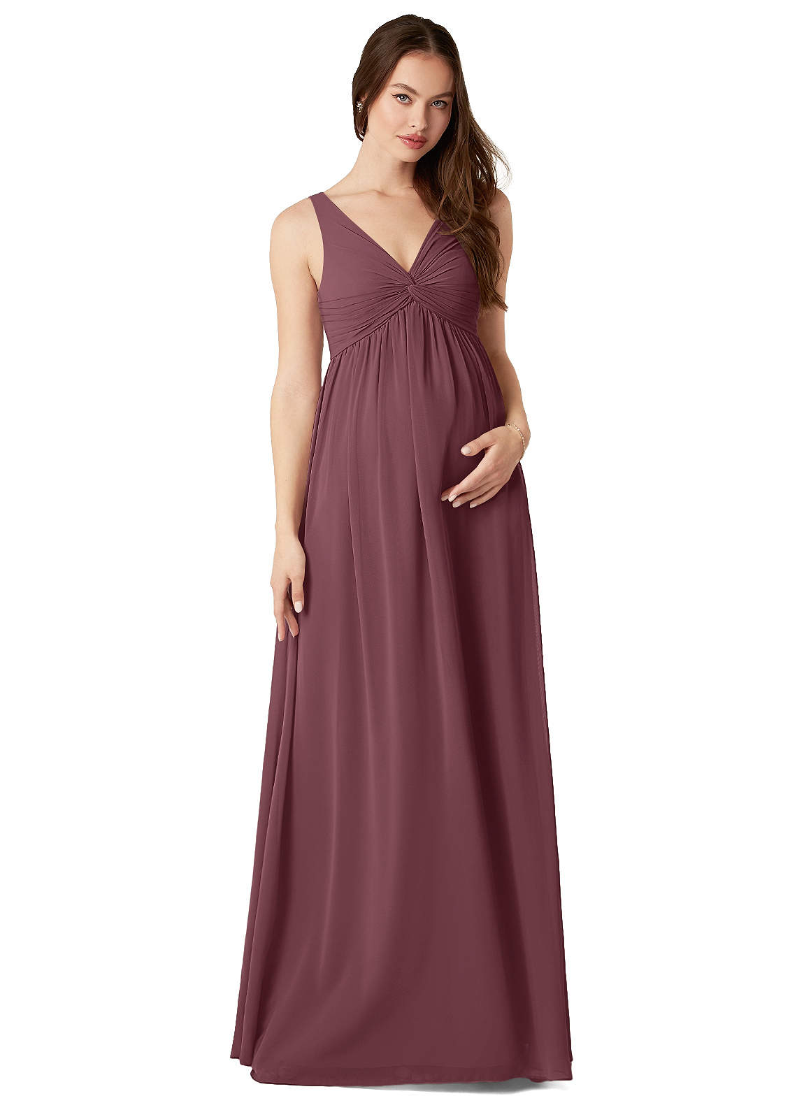 Azazie Yetta Maternity Bridesmaid Dresses A-Line V-Neck Gathered Chiffon Floor-Length Dress image1