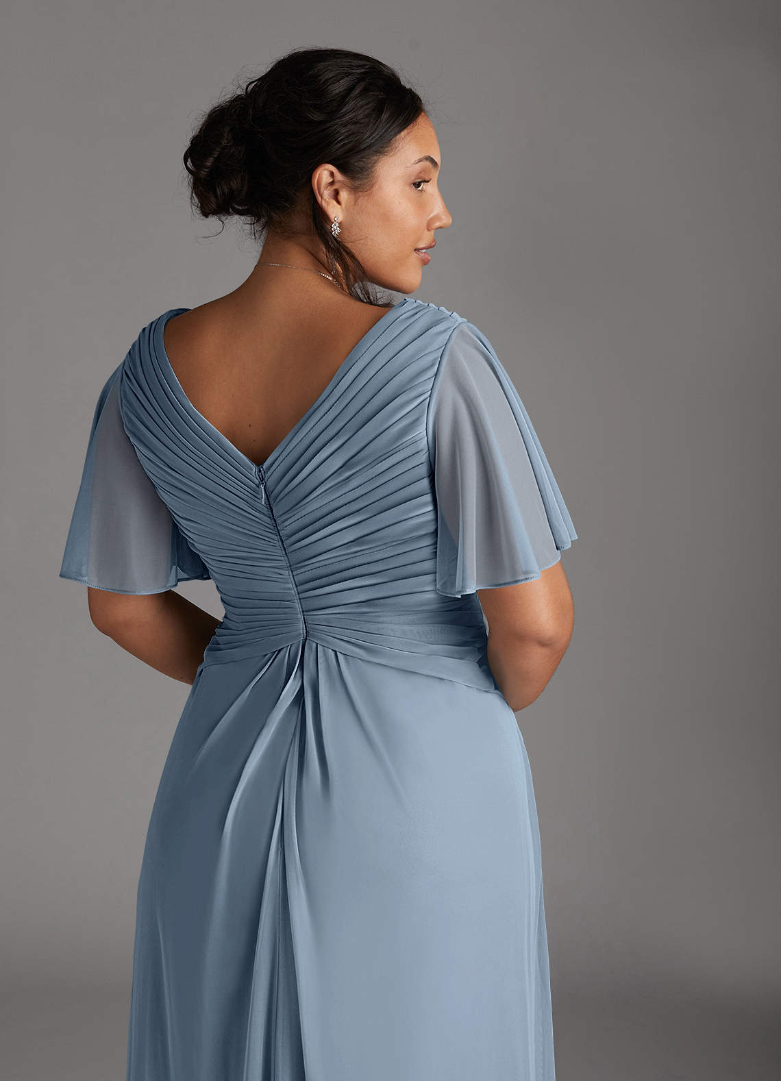 Azazie Emmeline Mother of the Bride Dresses Dusty Blue A-Line V-Neck Pleated Mesh Dress image10