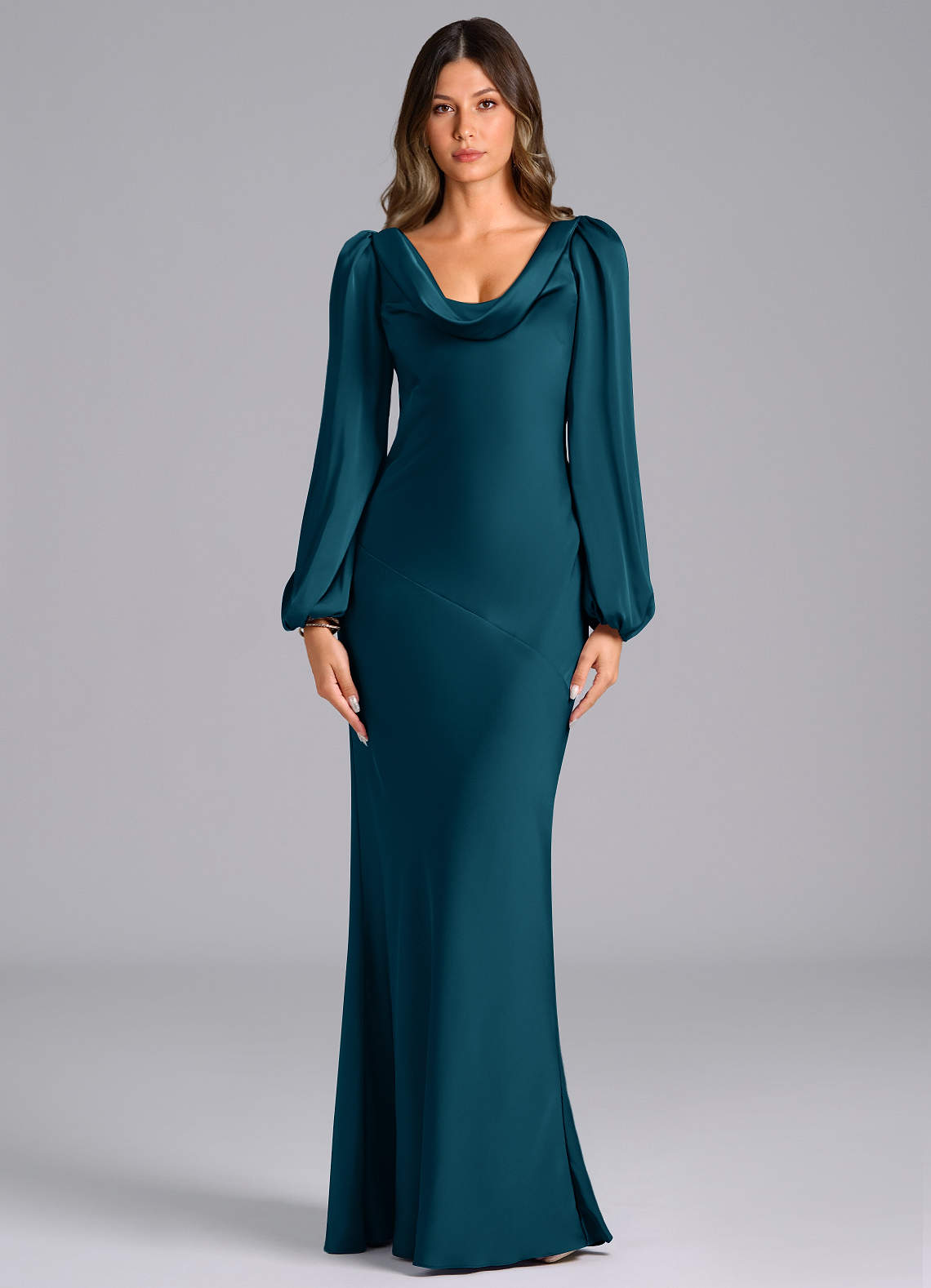 Azazie Melani Bridesmaid Dresses Ink Blue Mermaid Long Sleeve Stretch Satin Dress image1