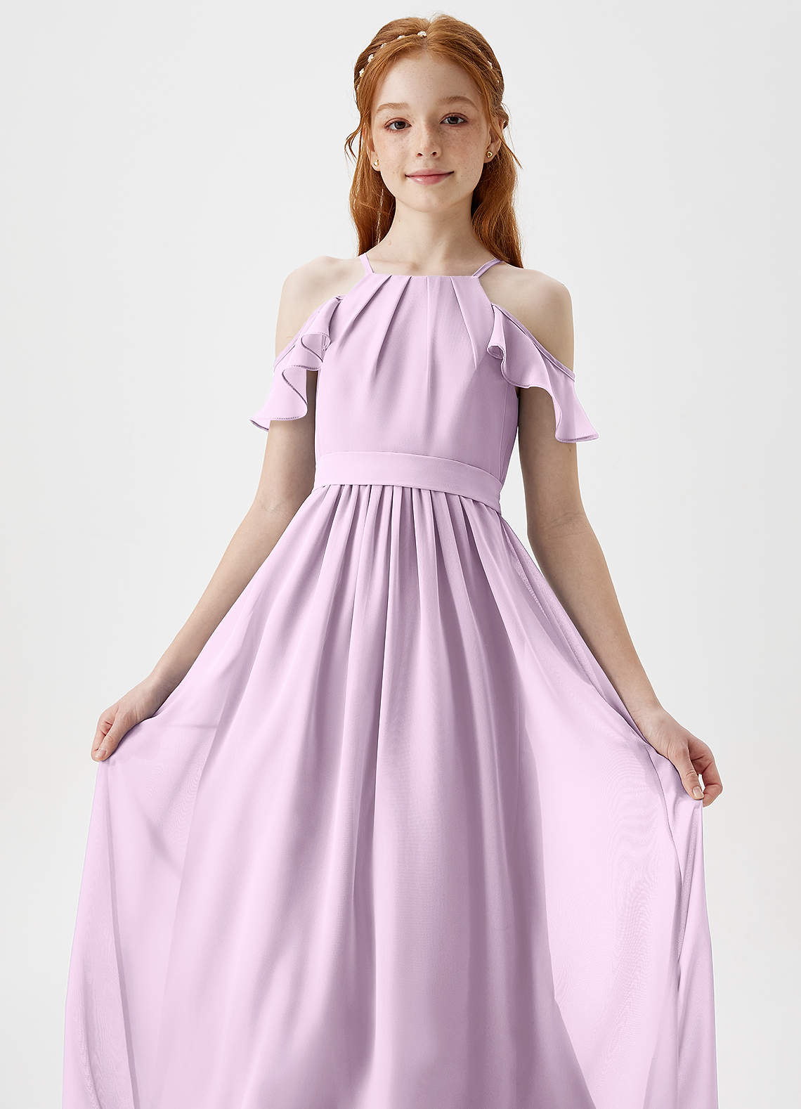 Azazie Chaya Junior Frosted Lilac A-Line Off the Shoulder Chiffon Dress image1