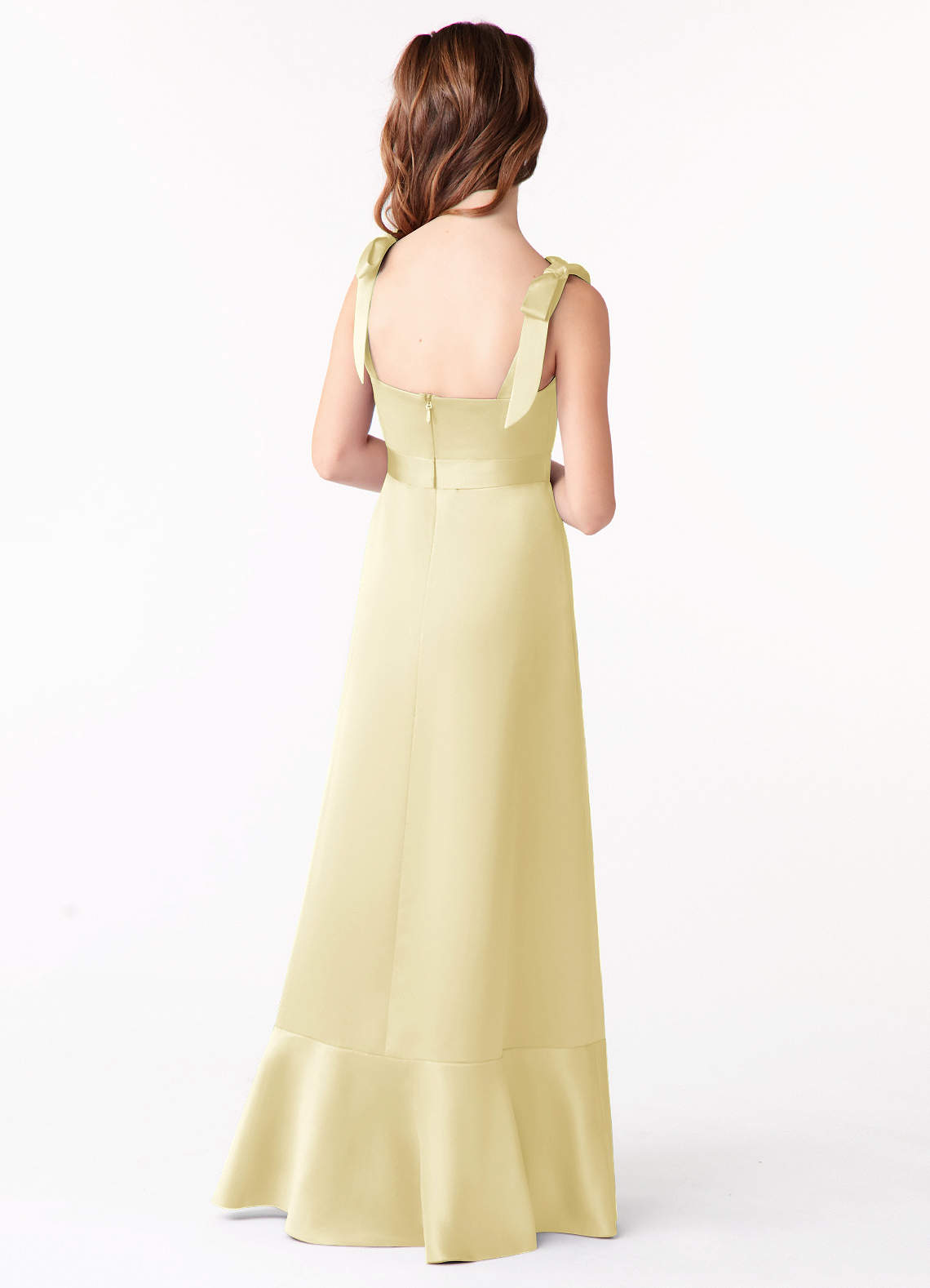 Azazie Barbara Junior Vestido Sorvete De Limão de Cetim elástico de Linha A com Arco image2