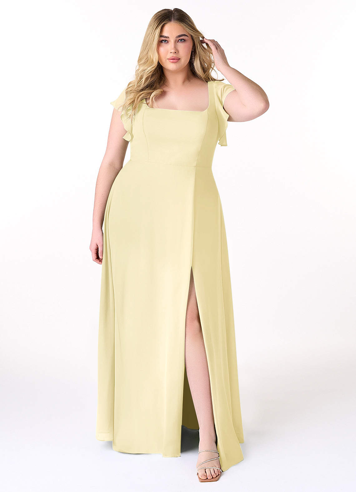 Azazie Bondi At-home Try On Dresses Dusty Blue A-Line Ruffled Chiffon Dress image6