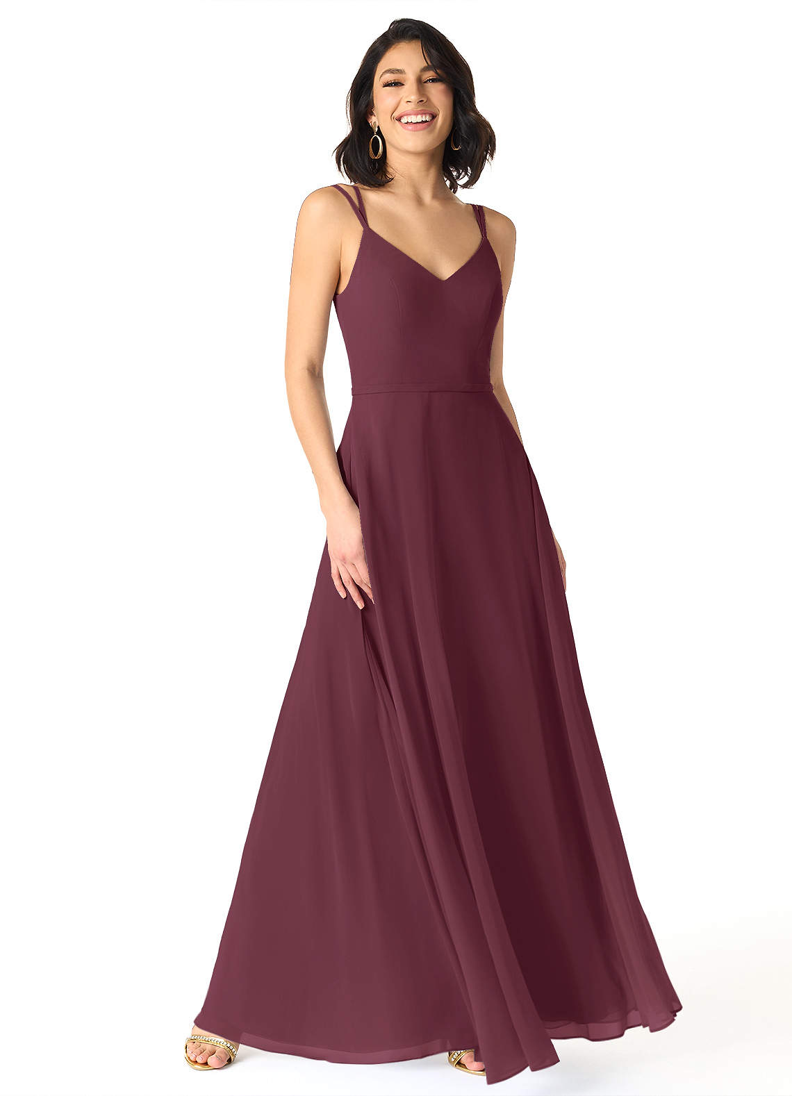 Azazie Janine Vestidos de damas de honor Vestido de Cabernet de Gasa de Corte en A con Cuello en V image1
