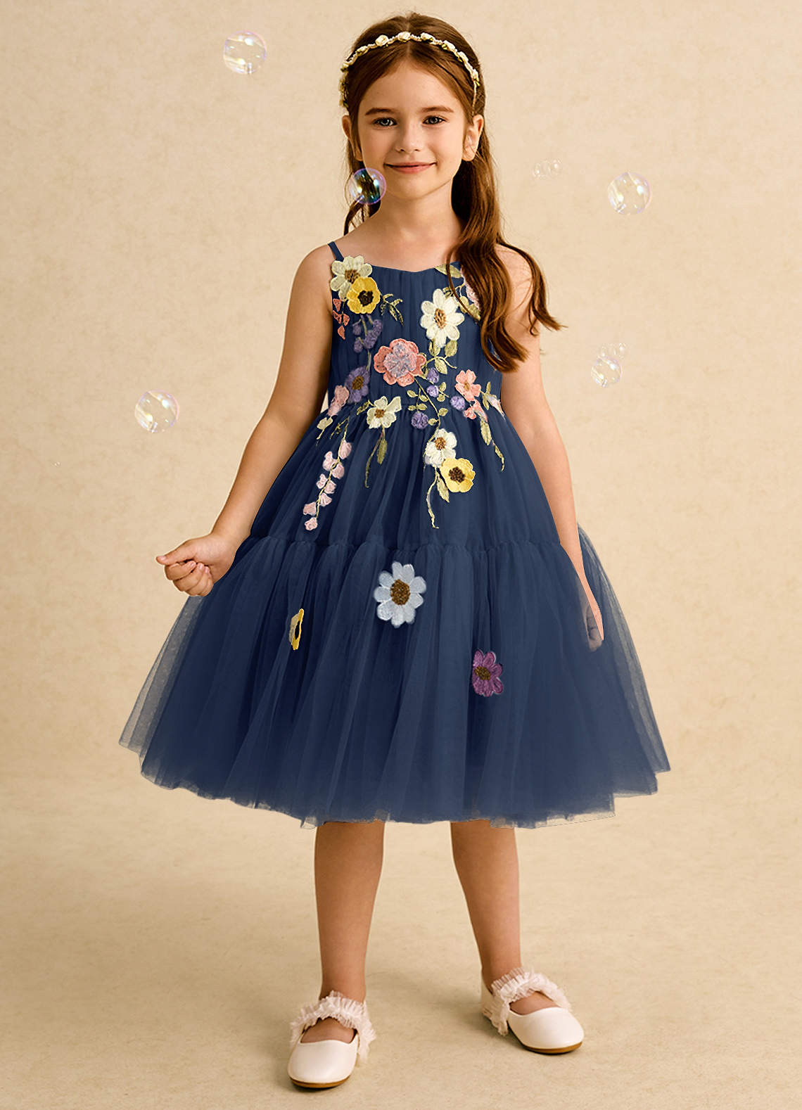Azazie Osea Flower Girl Dresses Dark Navy Ball-Gown Pleated Tulle Dress image1