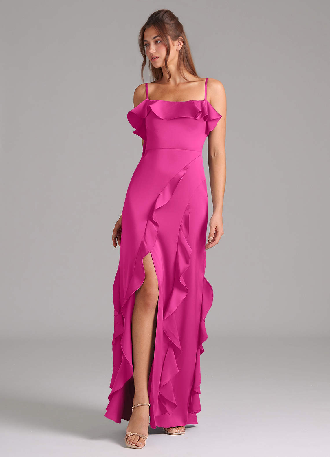 Azazie Malia Jurken voor bruidsmeisjes Jurk van Stretch Satijn met A-Lijn Zijsplit Fuchsia image1