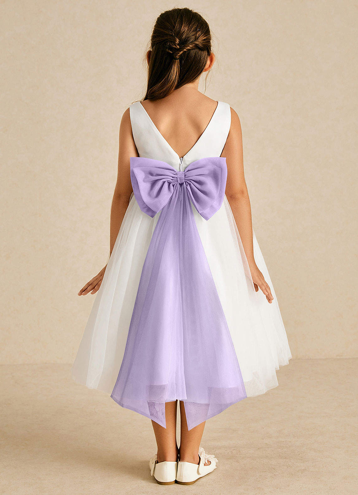Azazie Kavi Vestidos de florista Vestido Marfim Lilás de Cetim fosco de Linha A com Arco image1