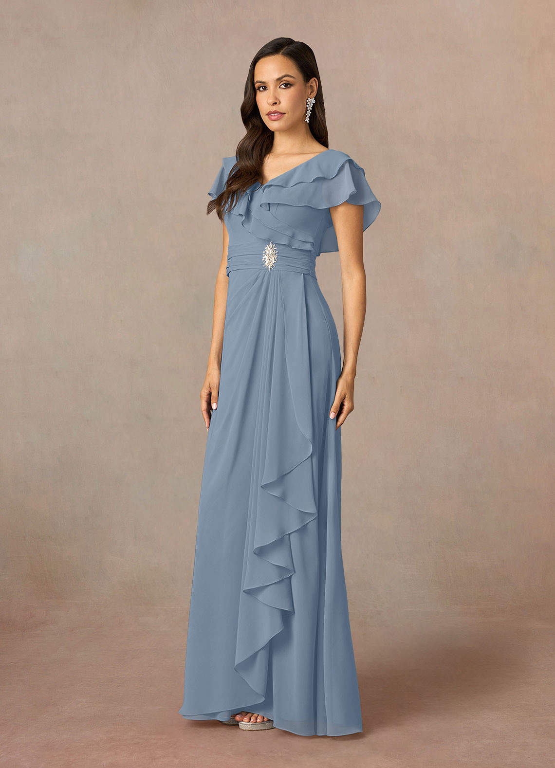 Azazie Snapdragon Brudens mor kjoler A-Line V-hals Ruched Chiffon Gulv-længde Kjole image1