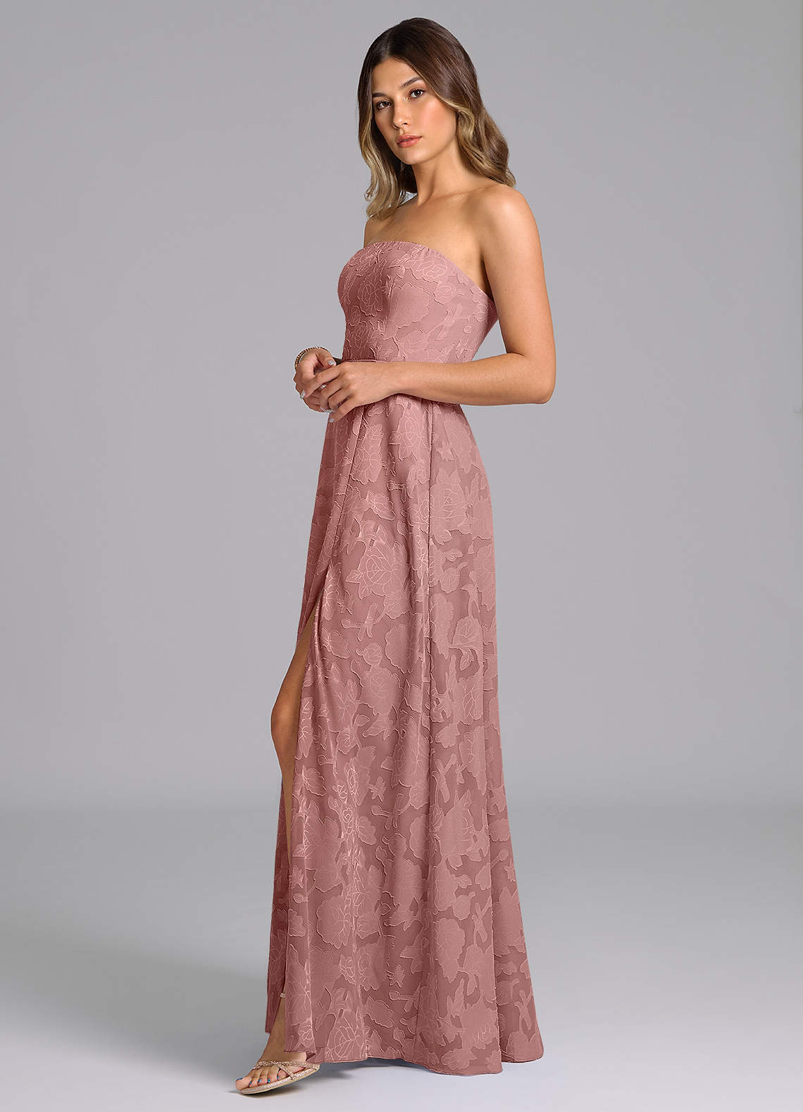 Azazie Wren At-home Try On Dresses Dusty Rose A-Line Strapless Floral Burnout Dress image4