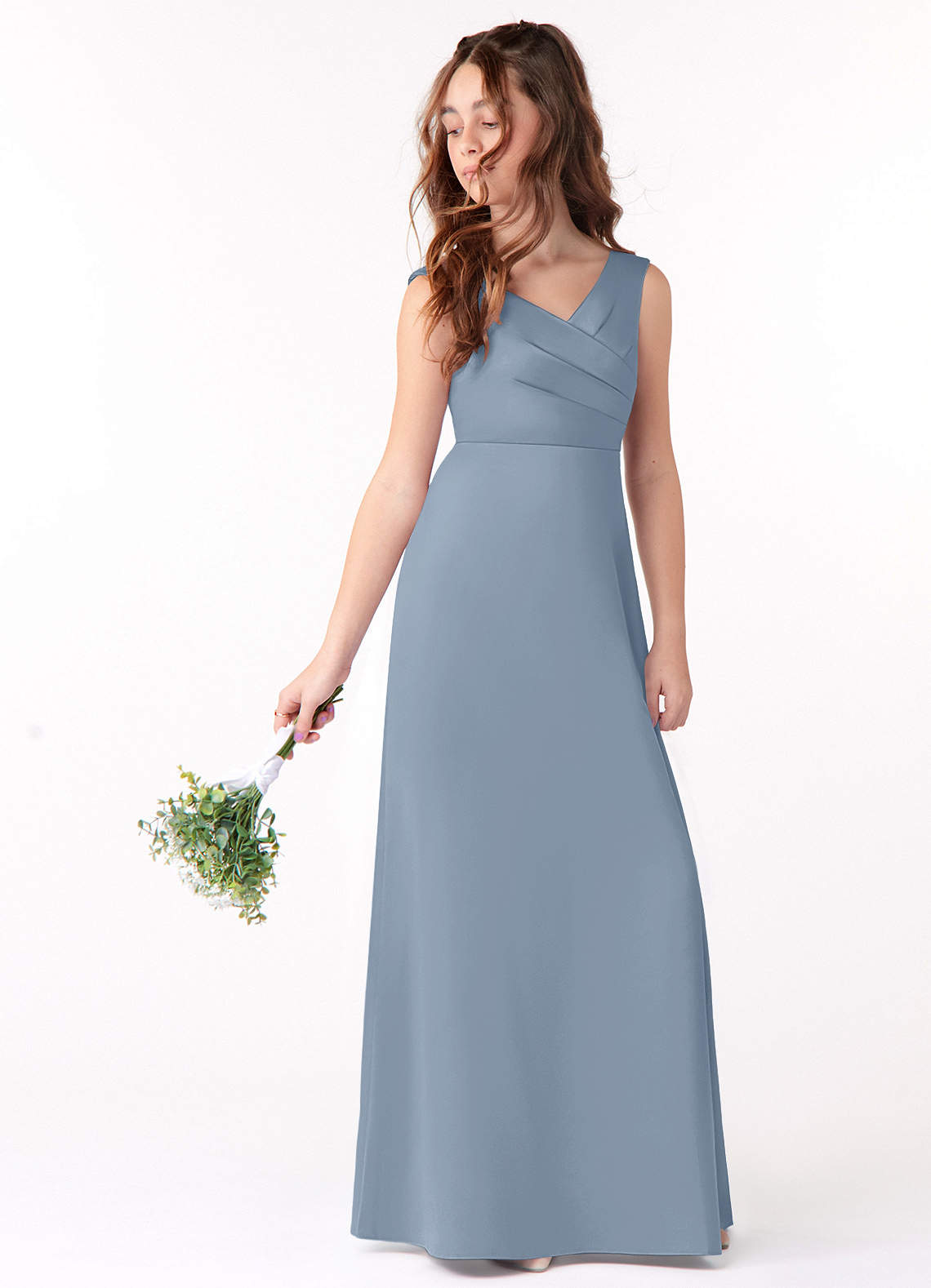 Azazie Sadia Vestido de Azul Polvoriento de Satin Mate de Acampanado con Plisado image1