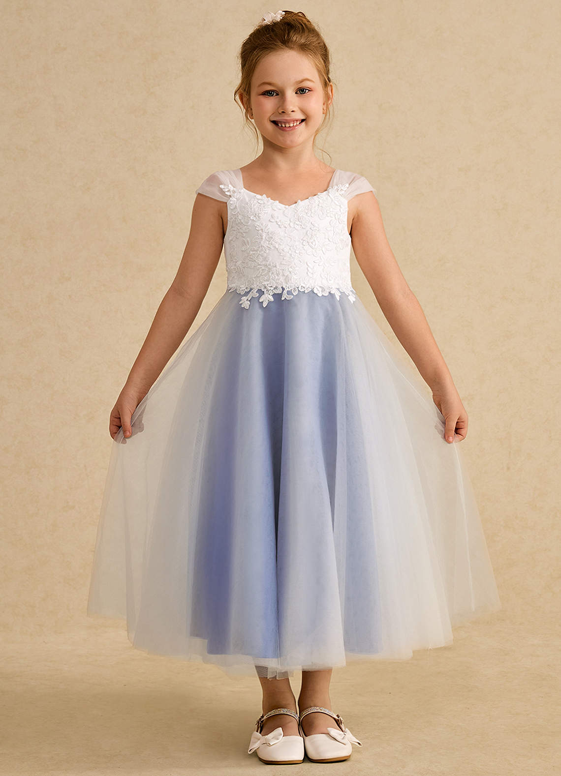 Azazie Momo Flower Girl Dresses Ivory Royal Blue A-Line Lace Dress image1