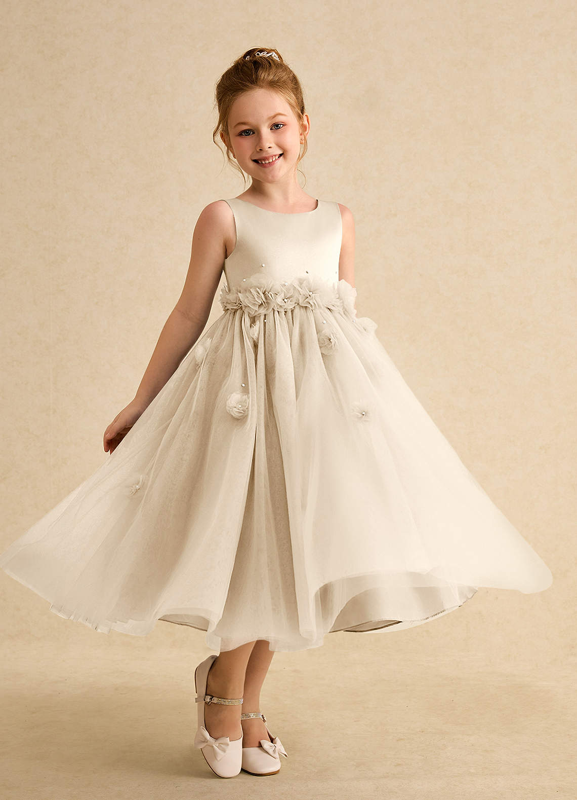 Azazie Lux Flower Girl Dresses Champagne A-Line Beaded Tulle Dress image1
